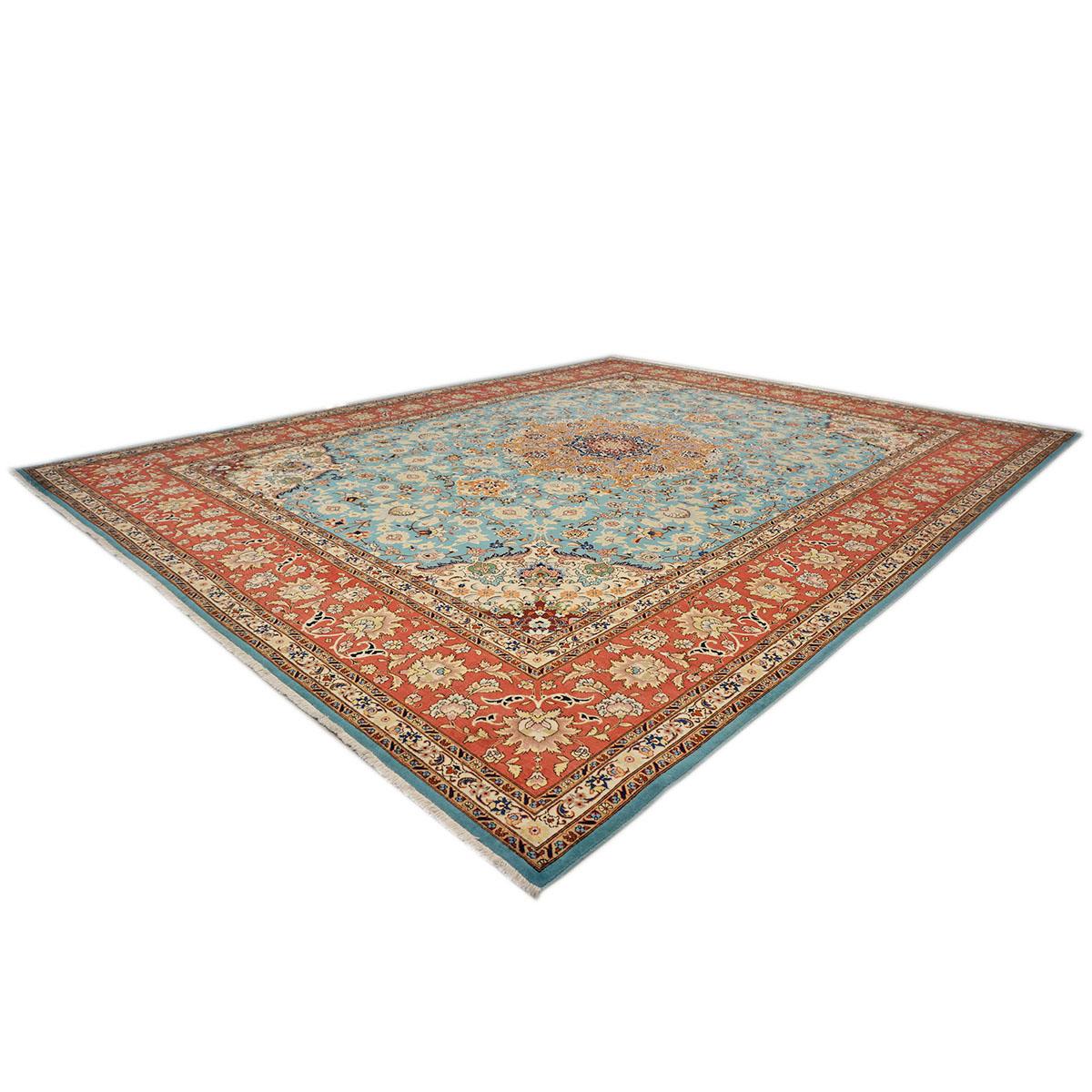 Hand-Woven Antique Persian Tabriz Emad 9x12 Light Blue, Red, & Ivory Handmade Area Rug For Sale
