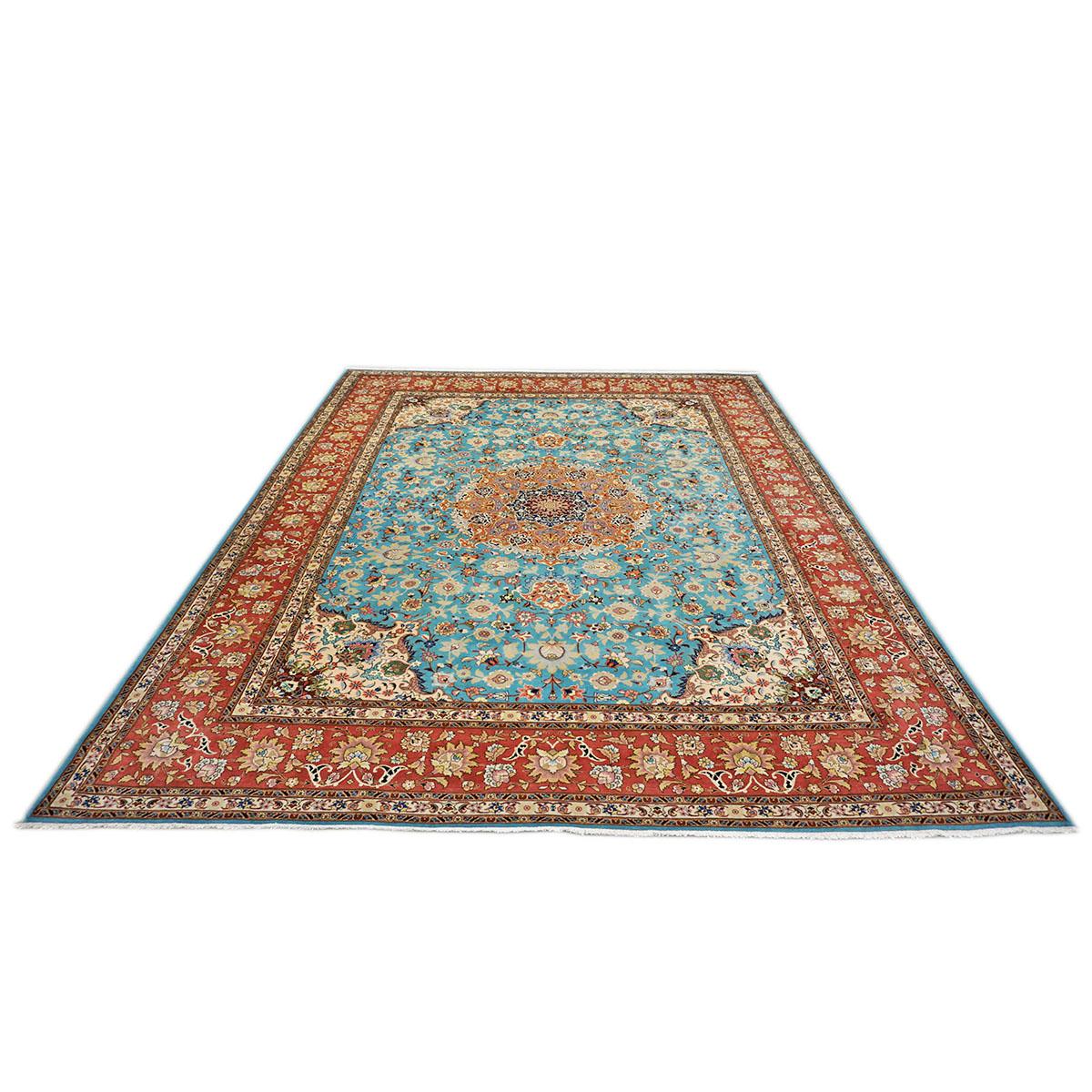 Antique Persian Tabriz Emad 9x12 Light Blue, Red, & Ivory Handmade Area Rug In Good Condition For Sale In Houston, TX