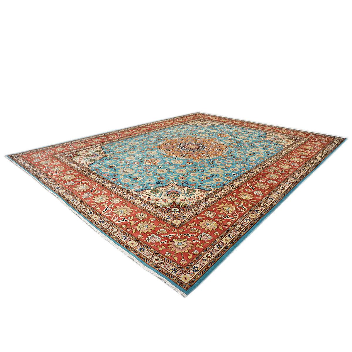 Mid-20th Century Antique Persian Tabriz Emad 9x12 Light Blue, Red, & Ivory Handmade Area Rug For Sale