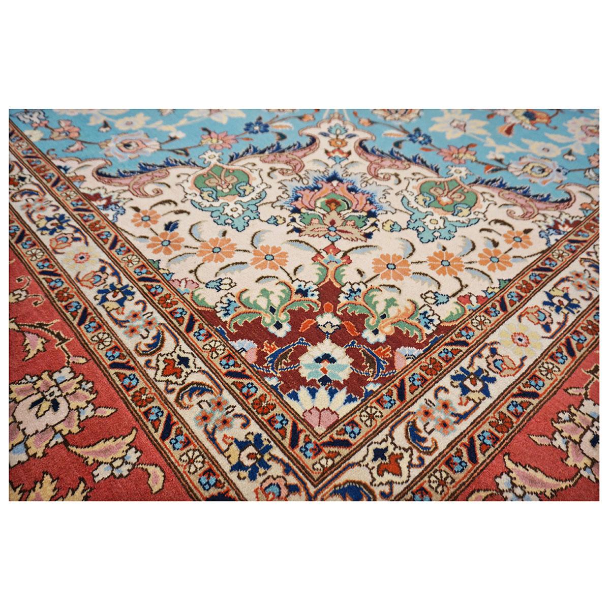 Wool Antique Persian Tabriz Emad 9x12 Light Blue, Red, & Ivory Handmade Area Rug For Sale