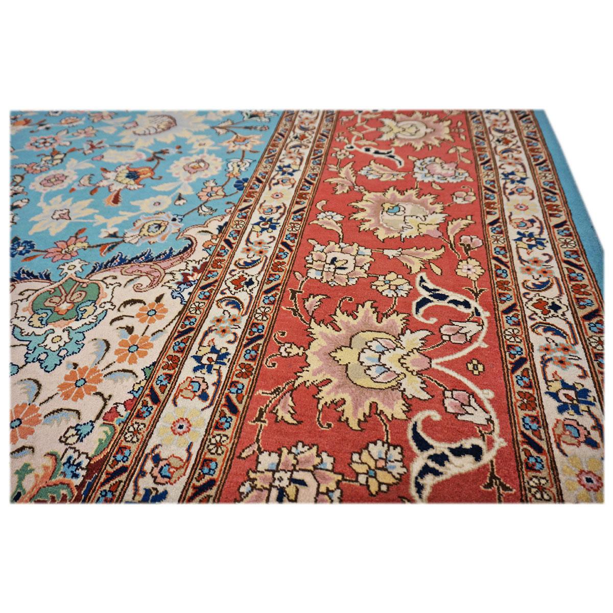 Antique Persian Tabriz Emad 9x12 Light Blue, Red, & Ivory Handmade Area Rug For Sale 1