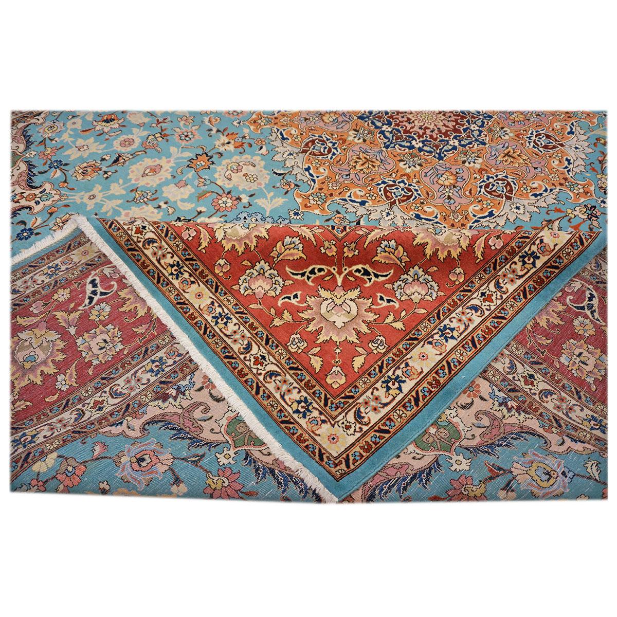Antique Persian Tabriz Emad 9x12 Light Blue, Red, & Ivory Handmade Area Rug For Sale 3