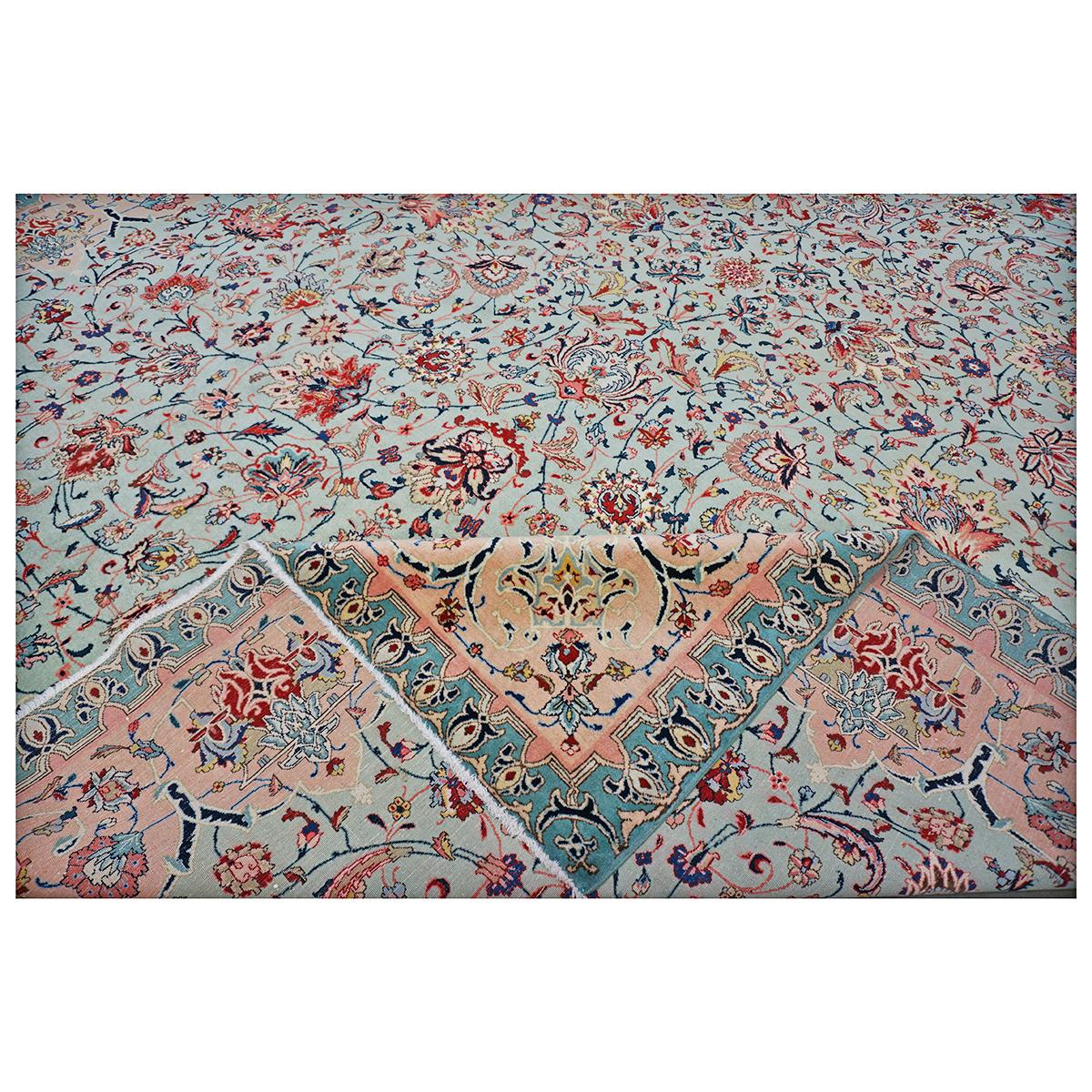 Antique Persian Tabriz Emad 9x12 Mint Green & Pink Handmade Area Rug For Sale 4