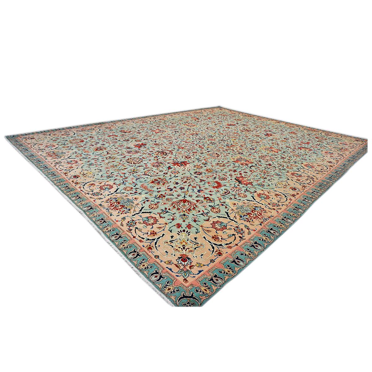 Hand-Woven Antique Persian Tabriz Emad 9x12 Mint Green & Pink Handmade Area Rug For Sale