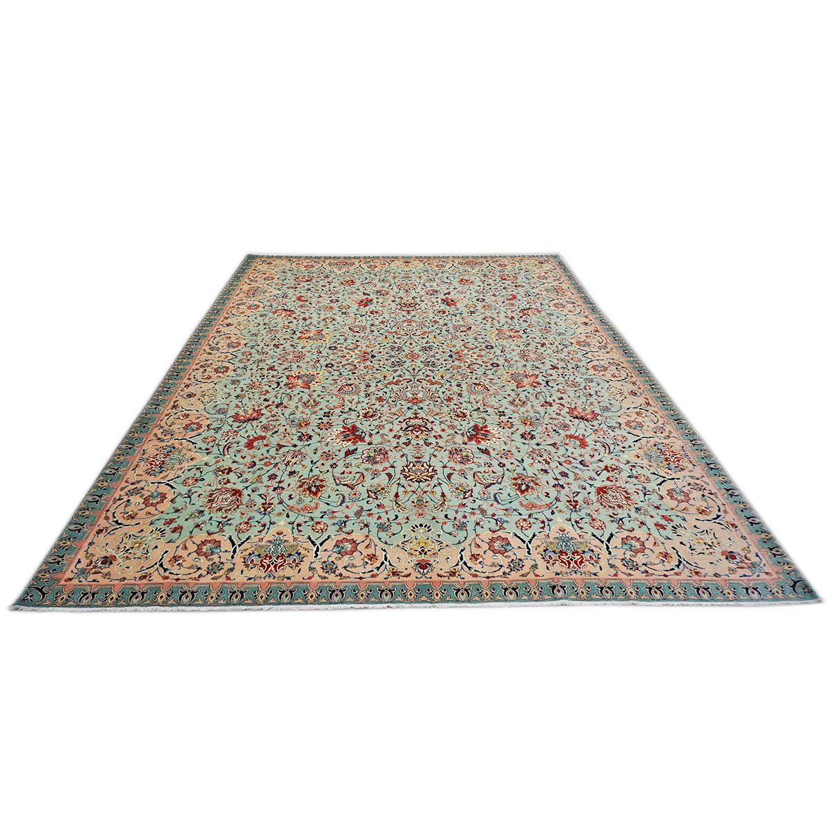 Antique Persian Tabriz Emad 9x12 Mint Green & Pink Handmade Area Rug In Good Condition For Sale In Houston, TX