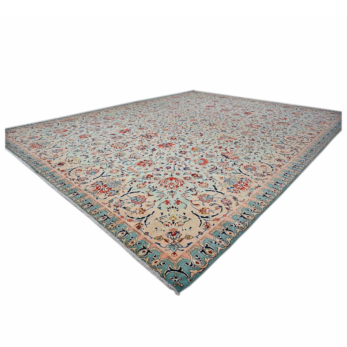 Antiker persischer Täbris-Emad-Teppich 9x12 in Mintgrün und Rosa, handgefertigt (Handgewebt) im Angebot
