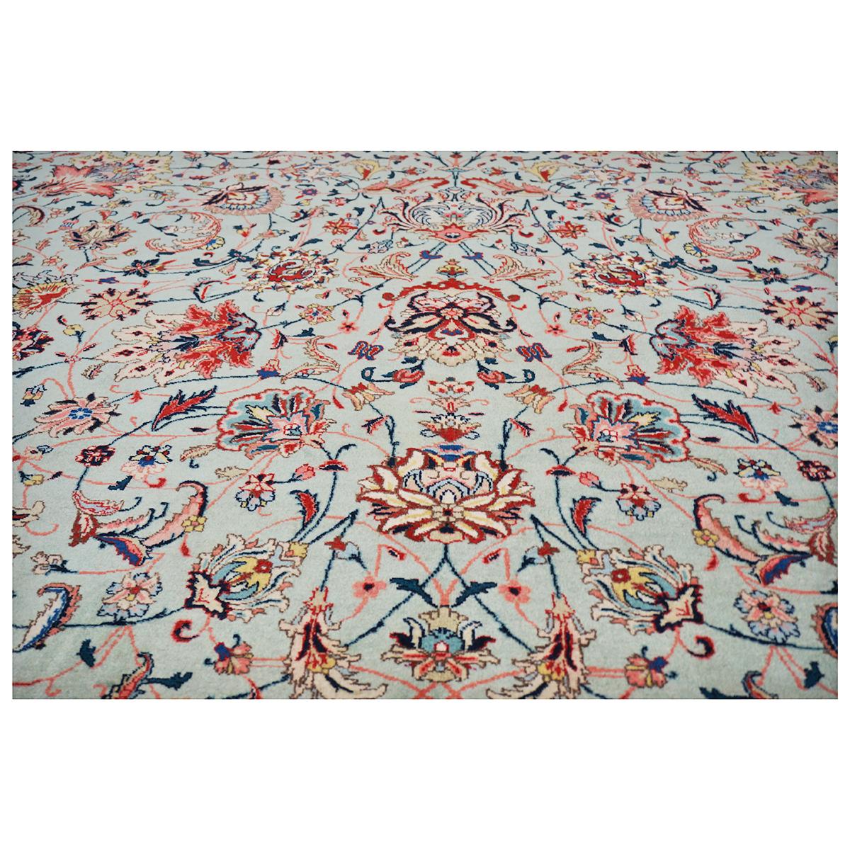 Antique Persian Tabriz Emad 9x12 Mint Green & Pink Handmade Area Rug For Sale 1