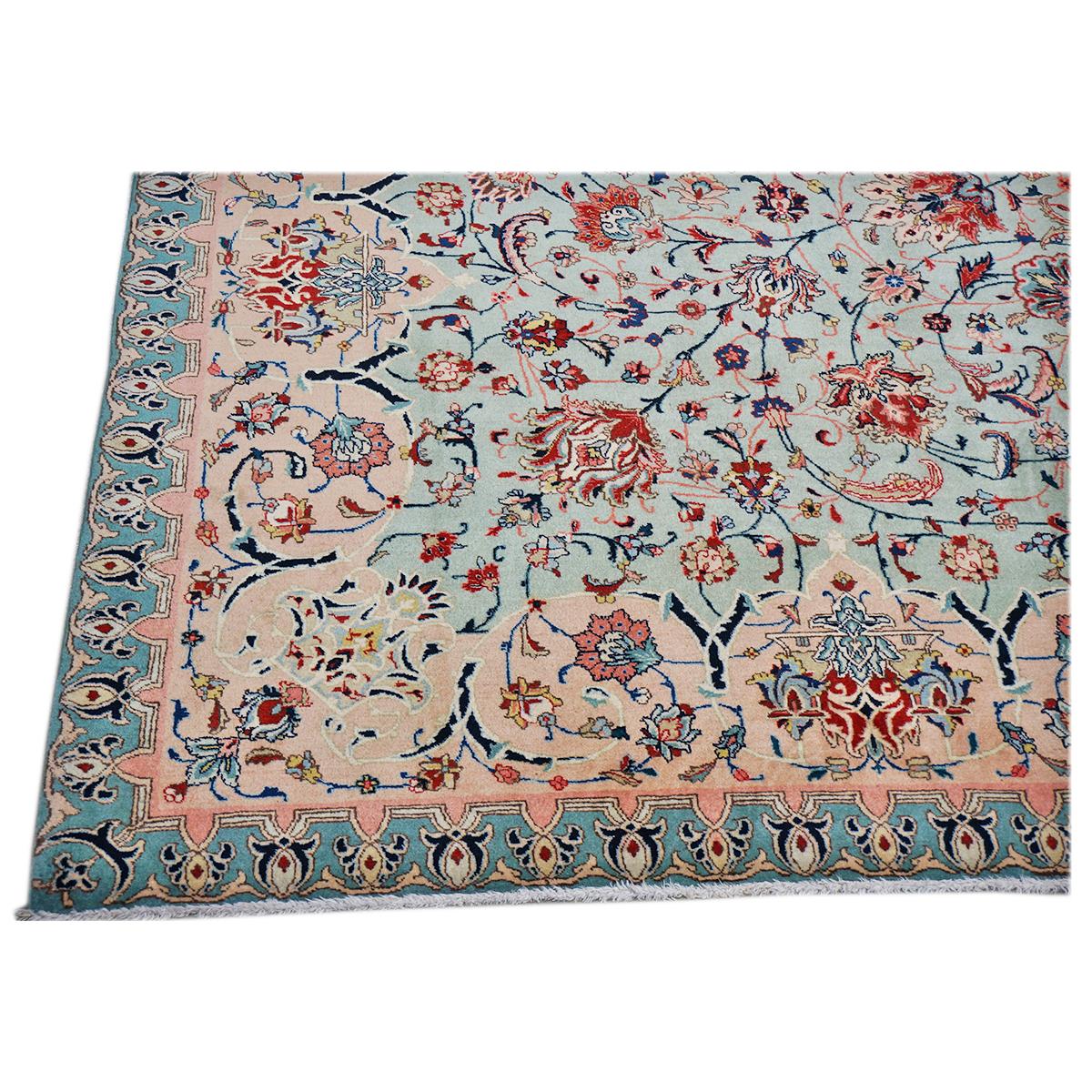 Antiker persischer Täbris-Emad-Teppich 9x12 in Mintgrün und Rosa, handgefertigt (Wolle) im Angebot
