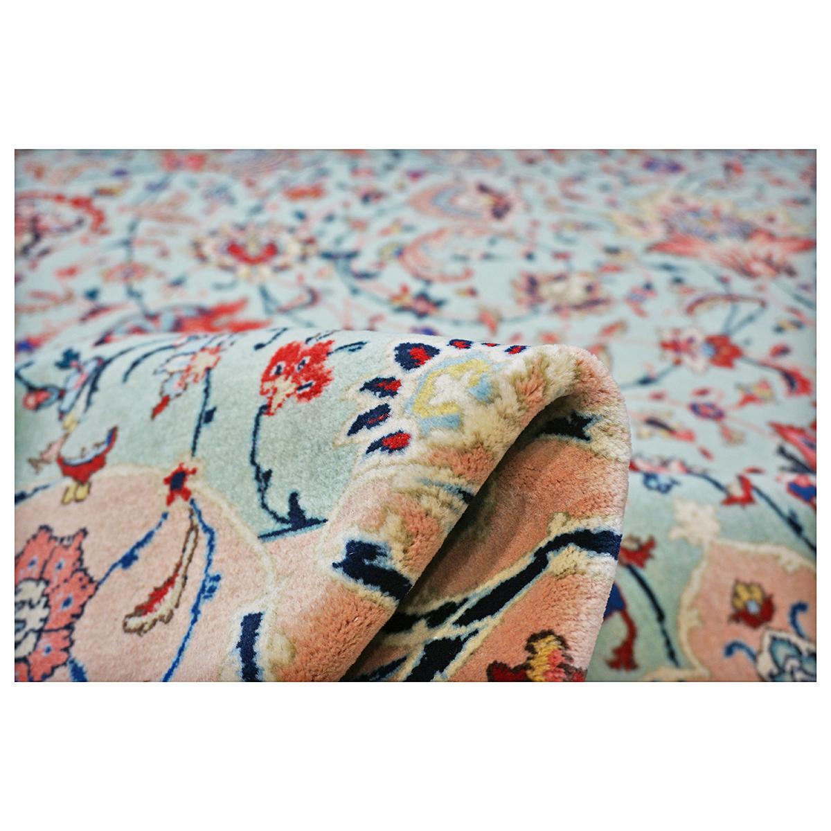 Antiker persischer Täbris-Emad-Teppich 9x12 in Mintgrün und Rosa, handgefertigt im Angebot 1