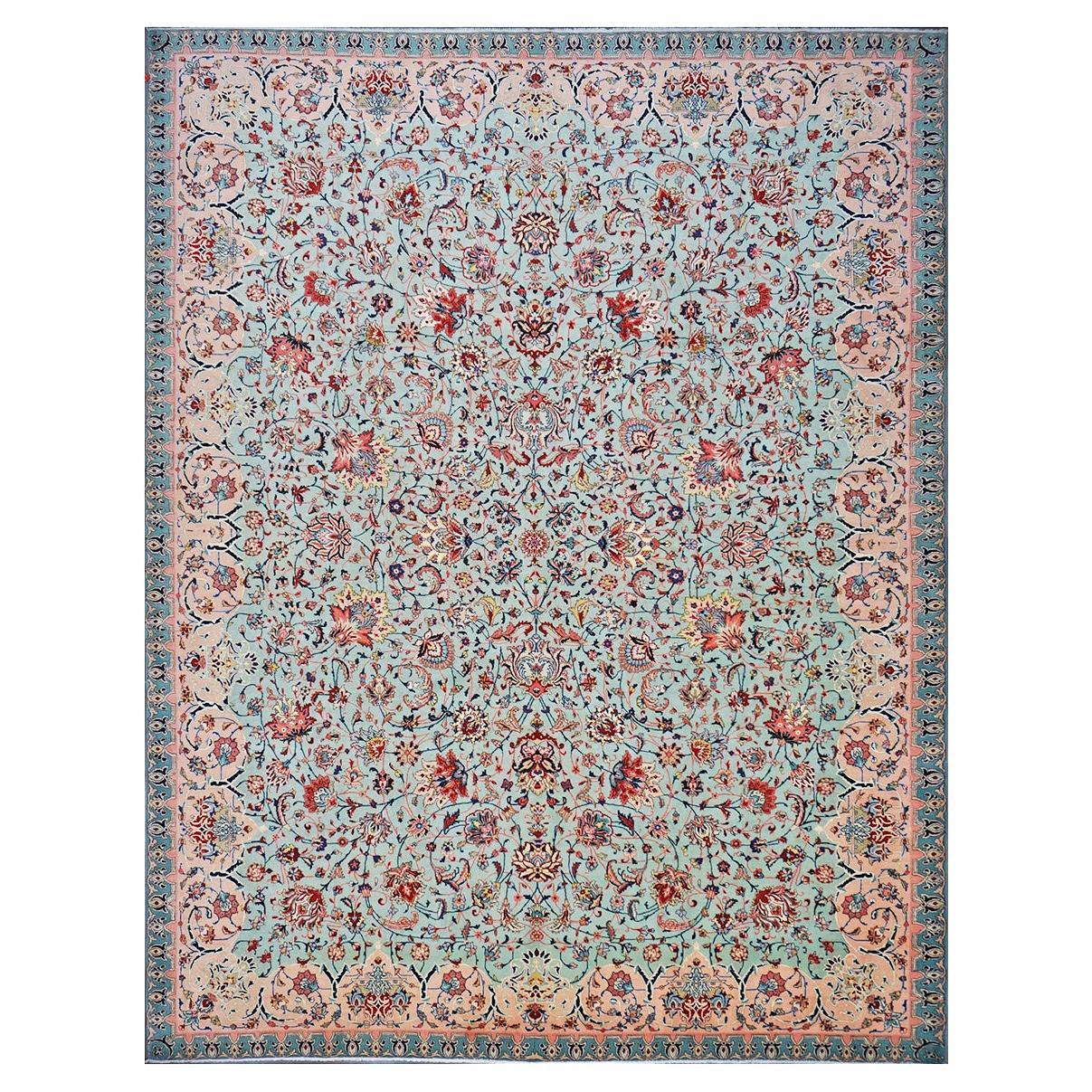 Antique Persian Tabriz Emad 9x12 Mint Green & Pink Handmade Area Rug For Sale