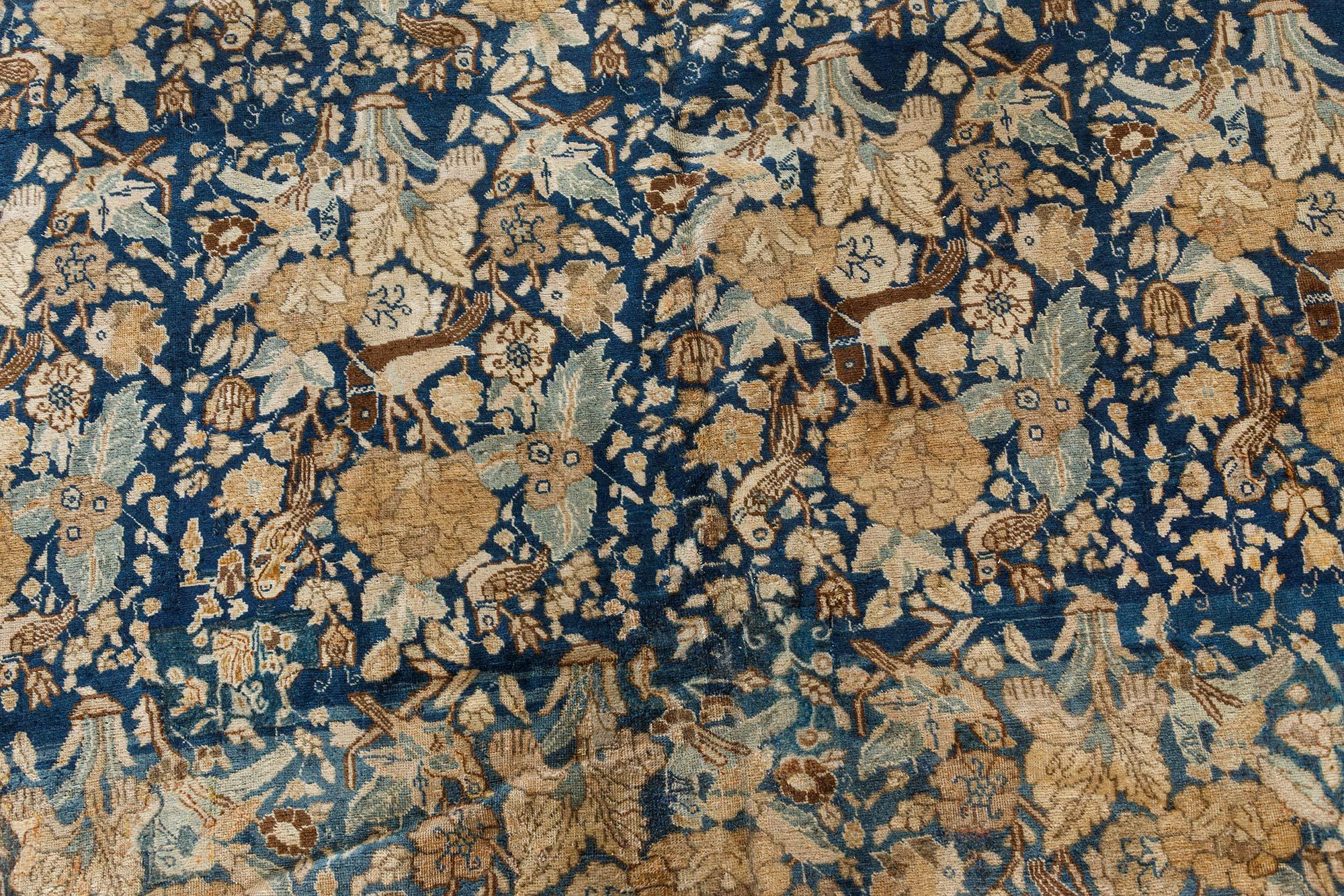 Antique Persian Tabriz Floral Design Blue Handmade Wool Rug 
Size: 8'9