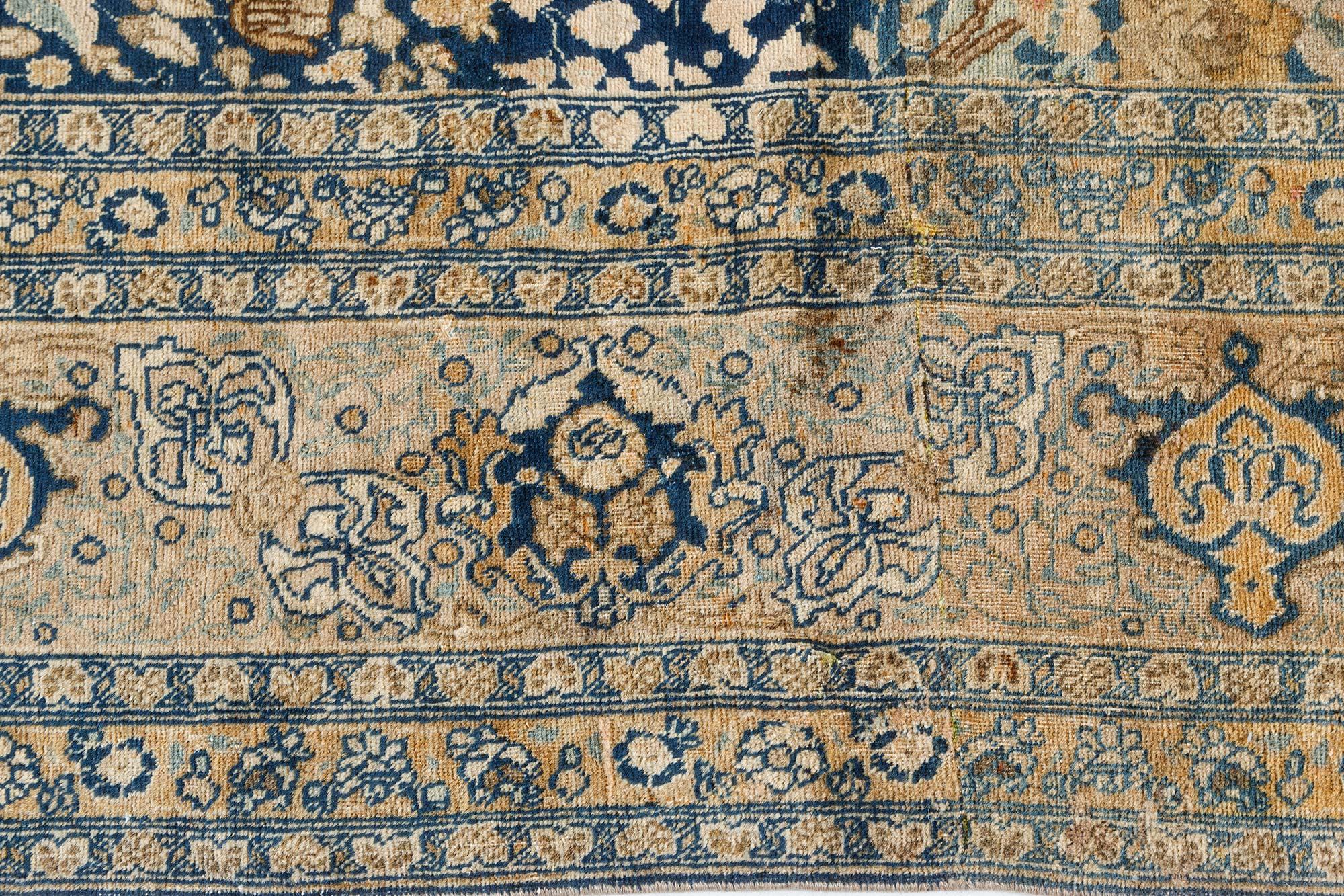 Antique Persian Tabriz Floral Design Blue Rug In Good Condition For Sale In New York, NY