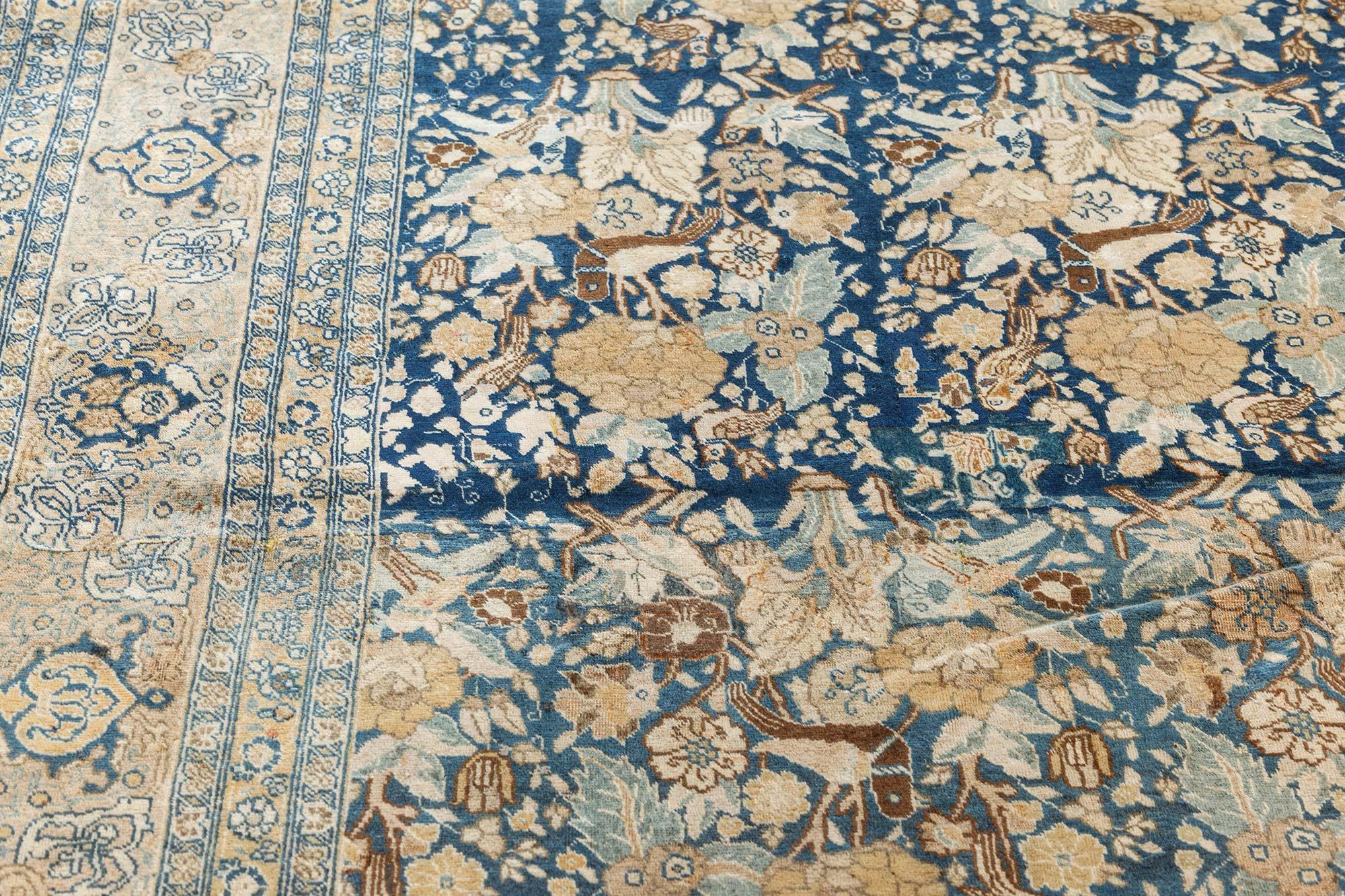 Wool Antique Persian Tabriz Floral Design Blue Rug For Sale
