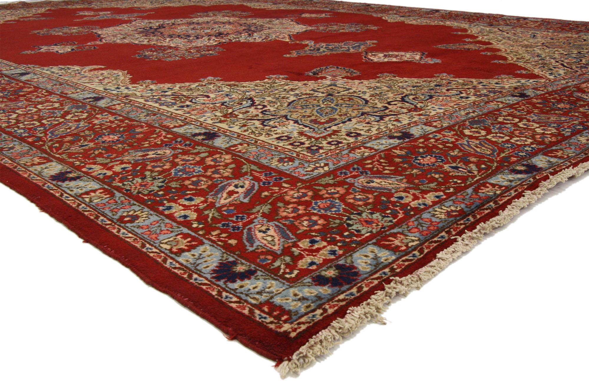 72013 Antique Persian Tabriz Palace Rug with Jacobean Style 11'9 x 17'6.  Rich colors and intricate with beguiling ambiance, this hand knotted wool antique Persian Tabriz palace size rug beautifully highlights Jacobean style. A grand medallion