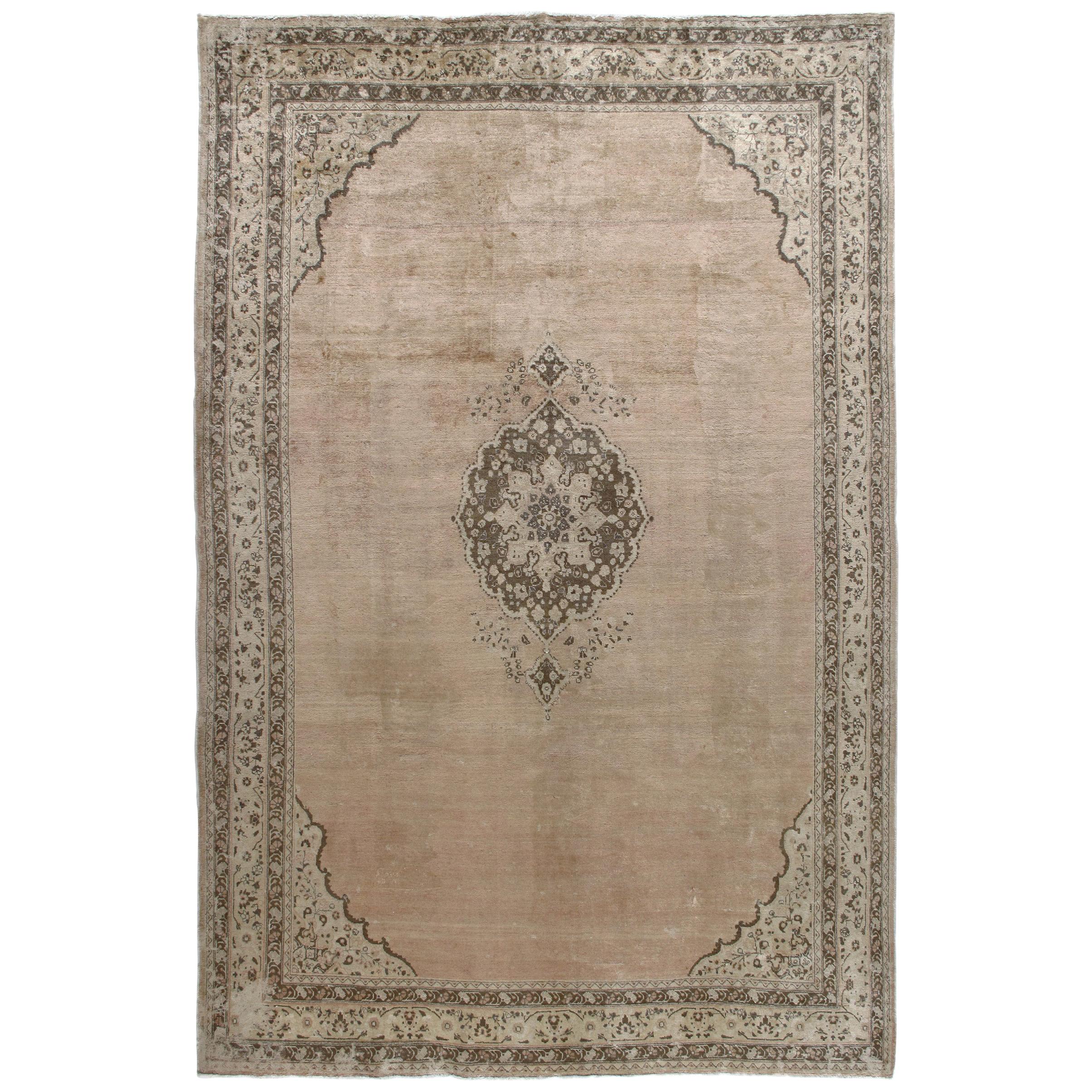 Antique Persian Tabriz Hadji Jalili Handknotted Rug in Beige and Brown Color