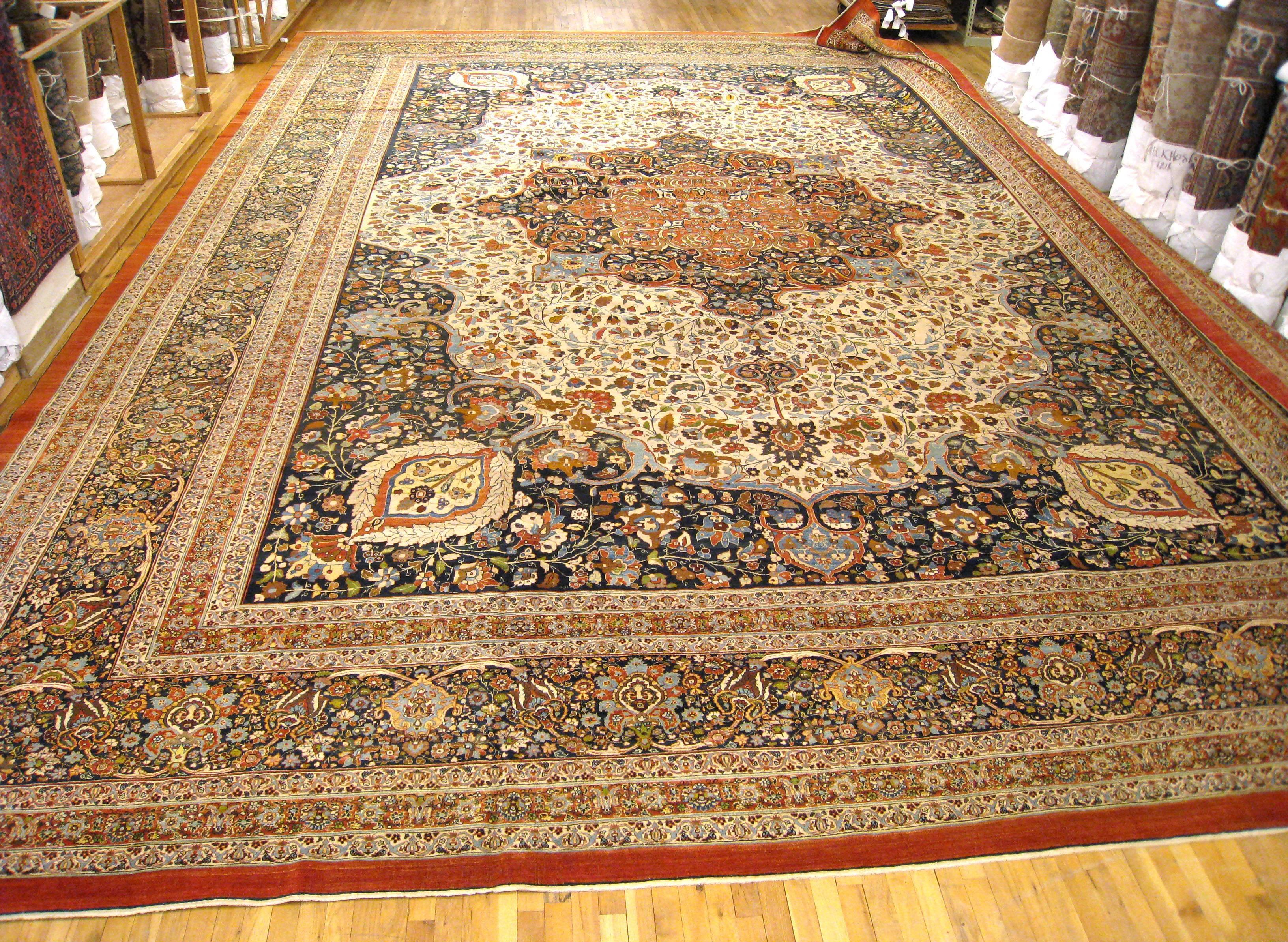 Hand-Knotted Antique Persian Tabriz Hadji Jalili Oriental Carpet in Mansion Size, Ivory Field For Sale