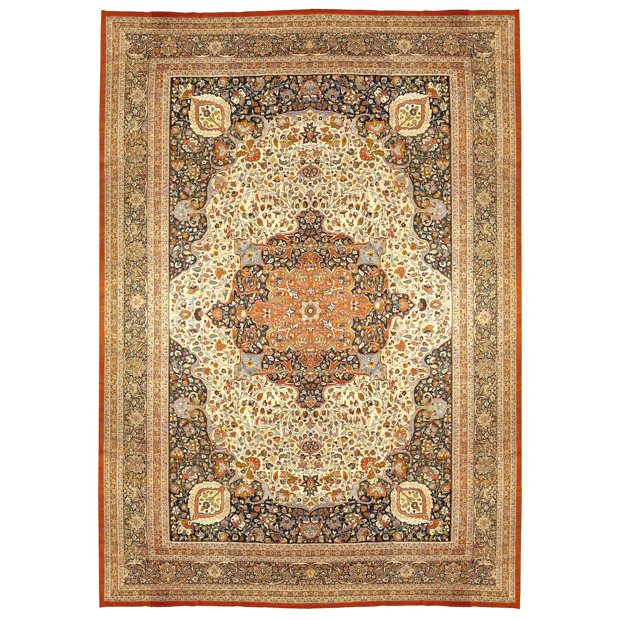 Antique Persian Tabriz Hadji Jalili Oriental Carpet in Mansion Size, Ivory Field For Sale