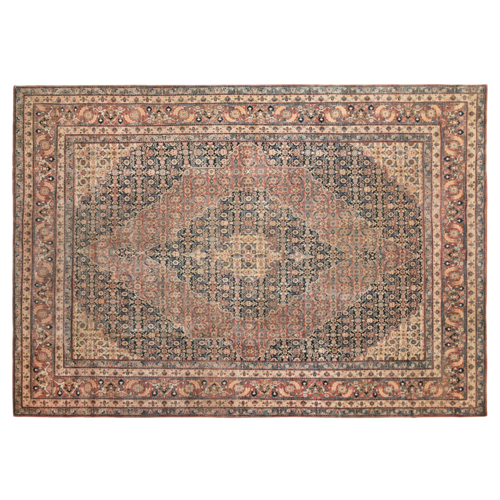 Antique Persian Tabriz Hadji Jalili Oriental Carpet, Room Size, W/ Medallion For Sale