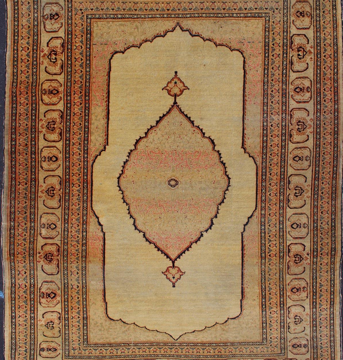 Antique Persian Tabriz Haj Jalili fine rug with Exquisite and Subtle Details, H8-0101.
This magnificent created in the city of Tabriz by the famous master, Haj Jalili and beautifully illustrates the splendor of 19th century Persian design and