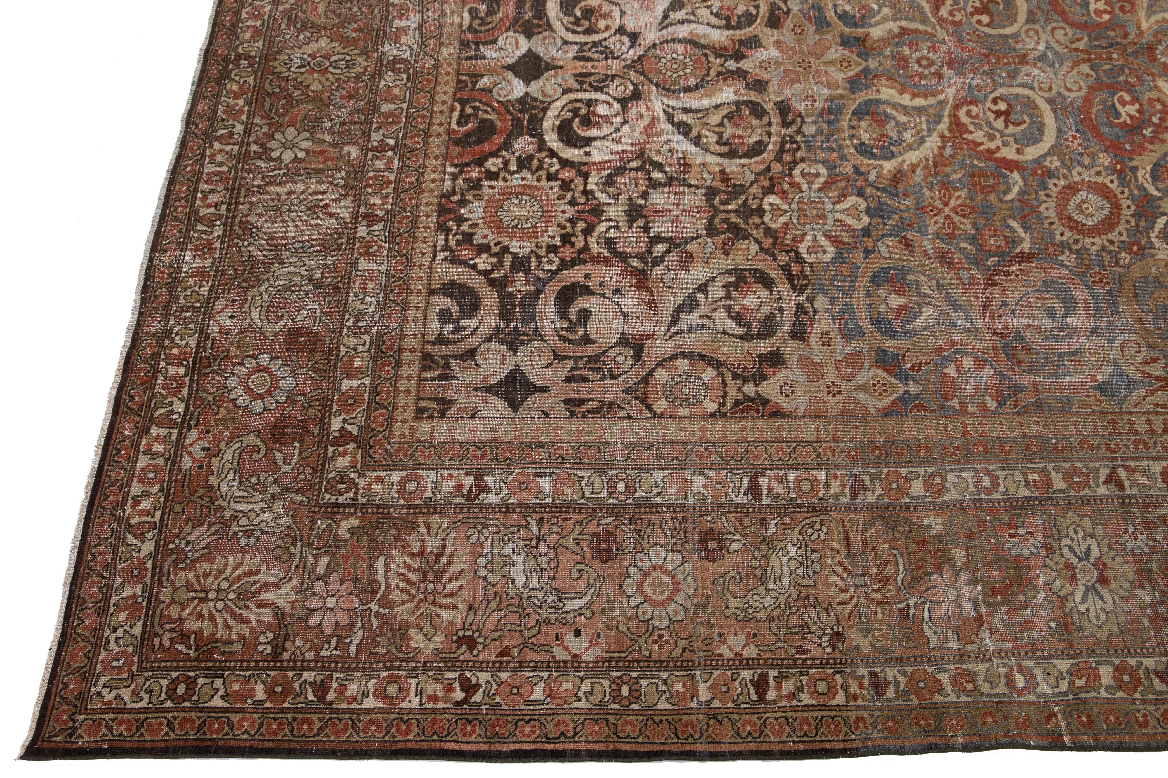 Hand-Knotted Antique Persian Tabriz Handmade Allover Design Rust Wool Rug For Sale
