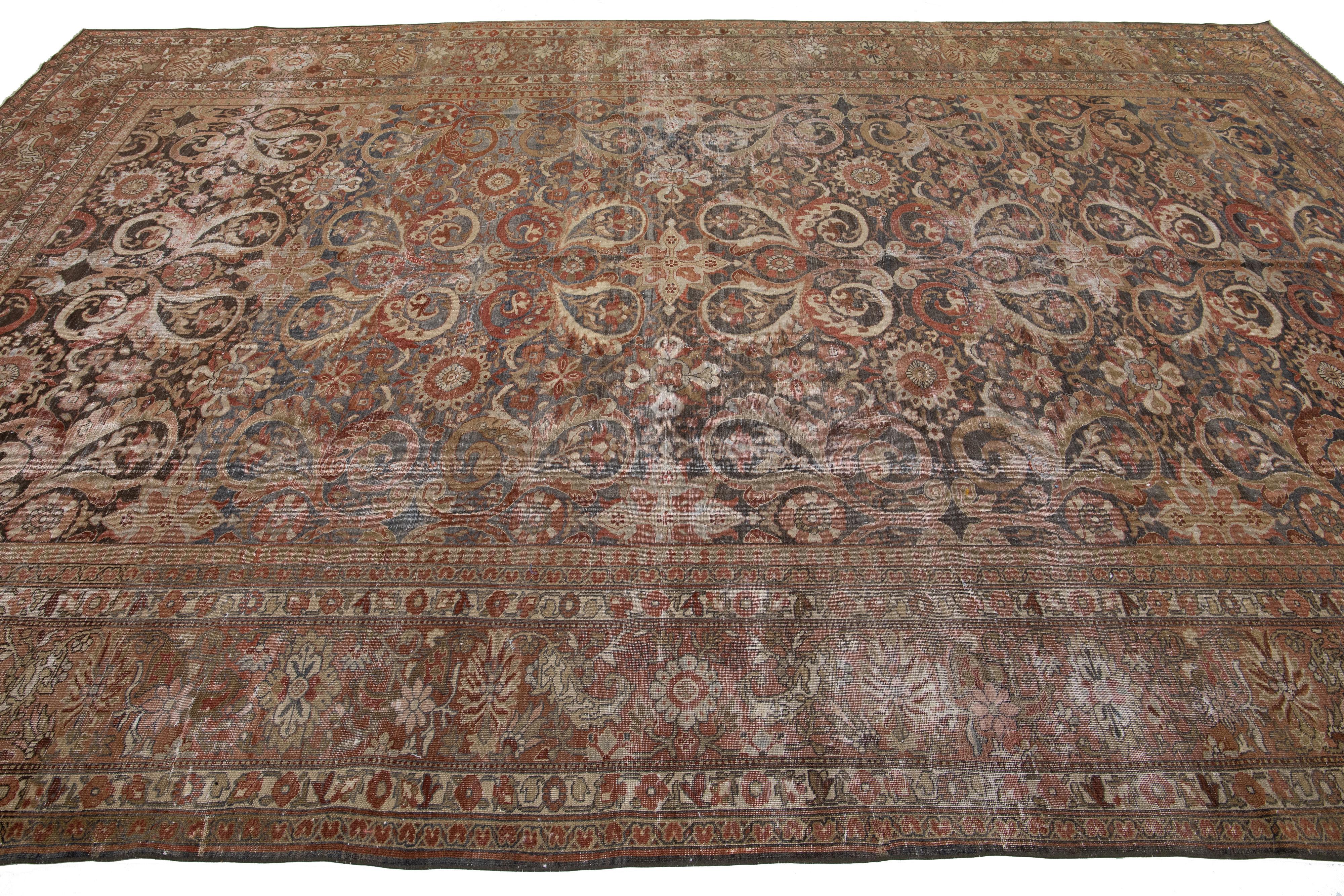 Antique Persian Tabriz Handmade Allover Design Rust Wool Rug In Good Condition For Sale In Norwalk, CT