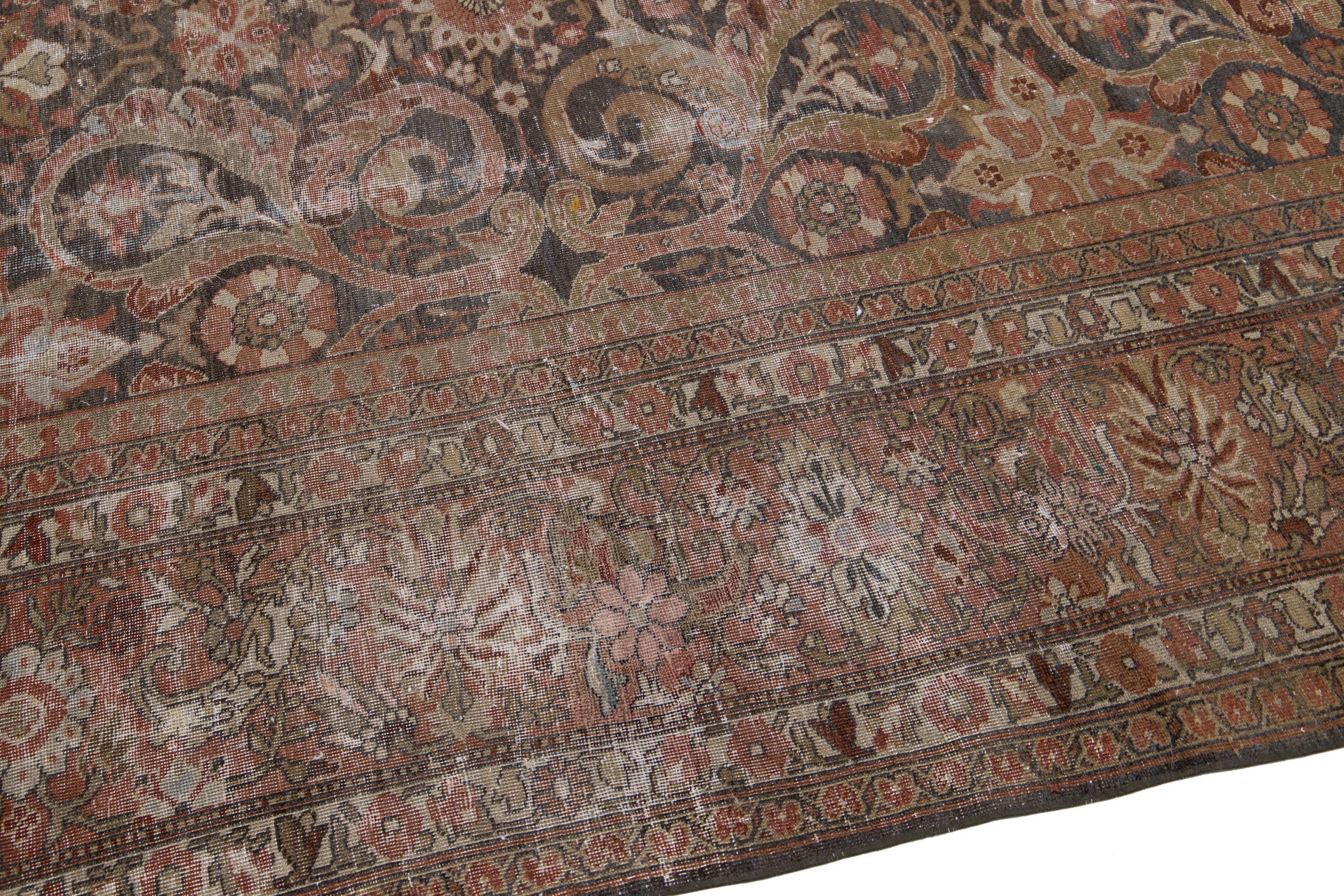 19th Century Antique Persian Tabriz Handmade Allover Design Rust Wool Rug For Sale