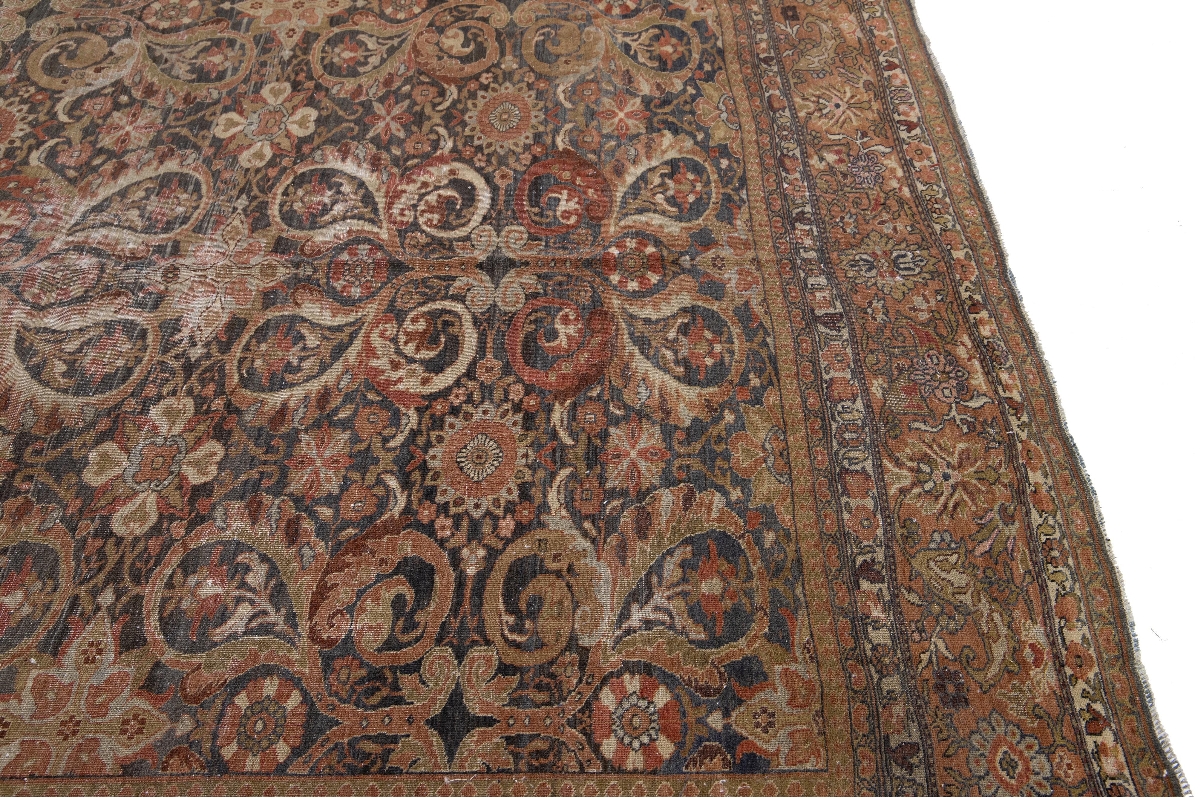 Antique Persian Tabriz Handmade Allover Design Rust Wool Rug For Sale 1