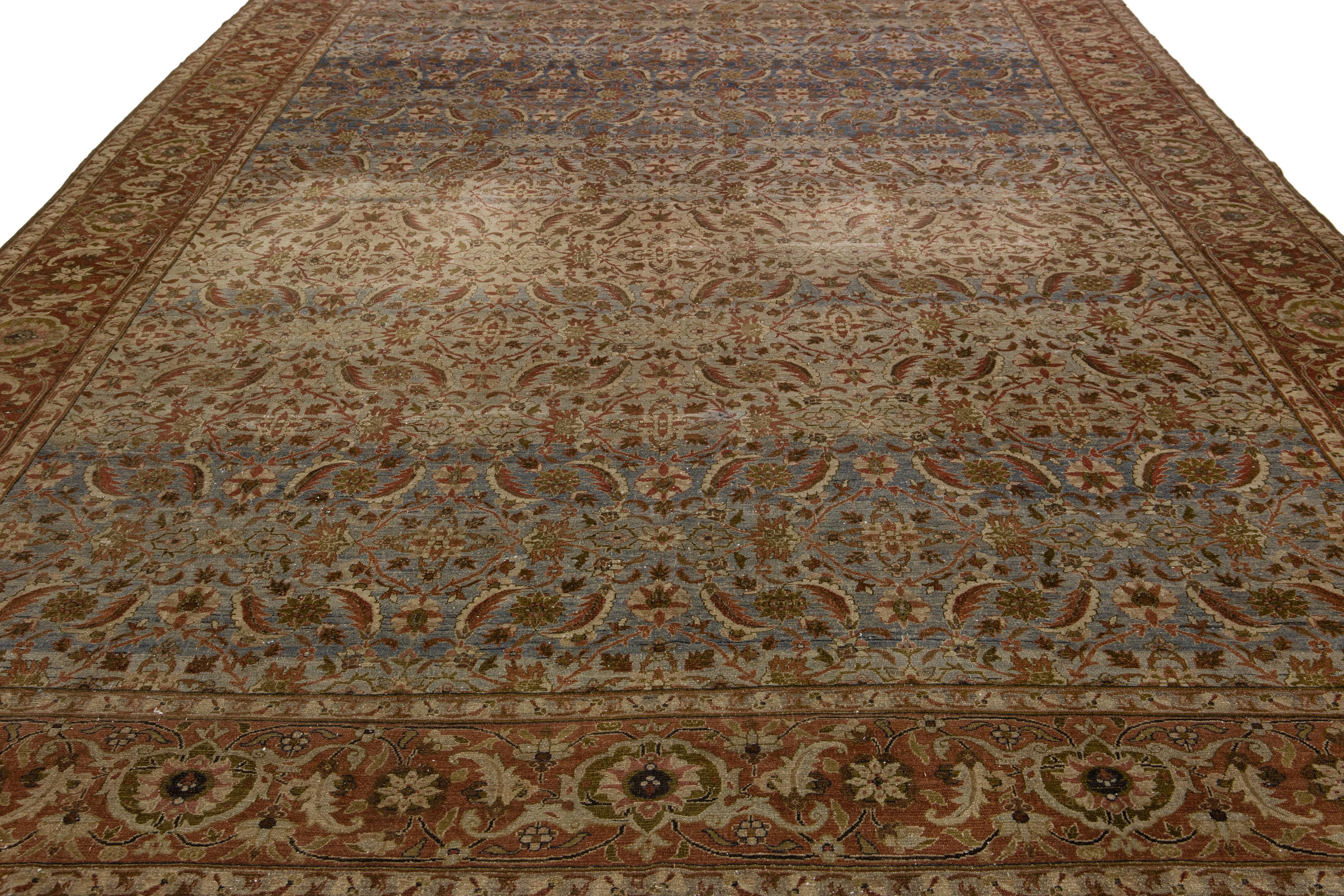 Hand-Knotted Antique Persian Tabriz Handmade Allover Floral Tan Wool Rug For Sale