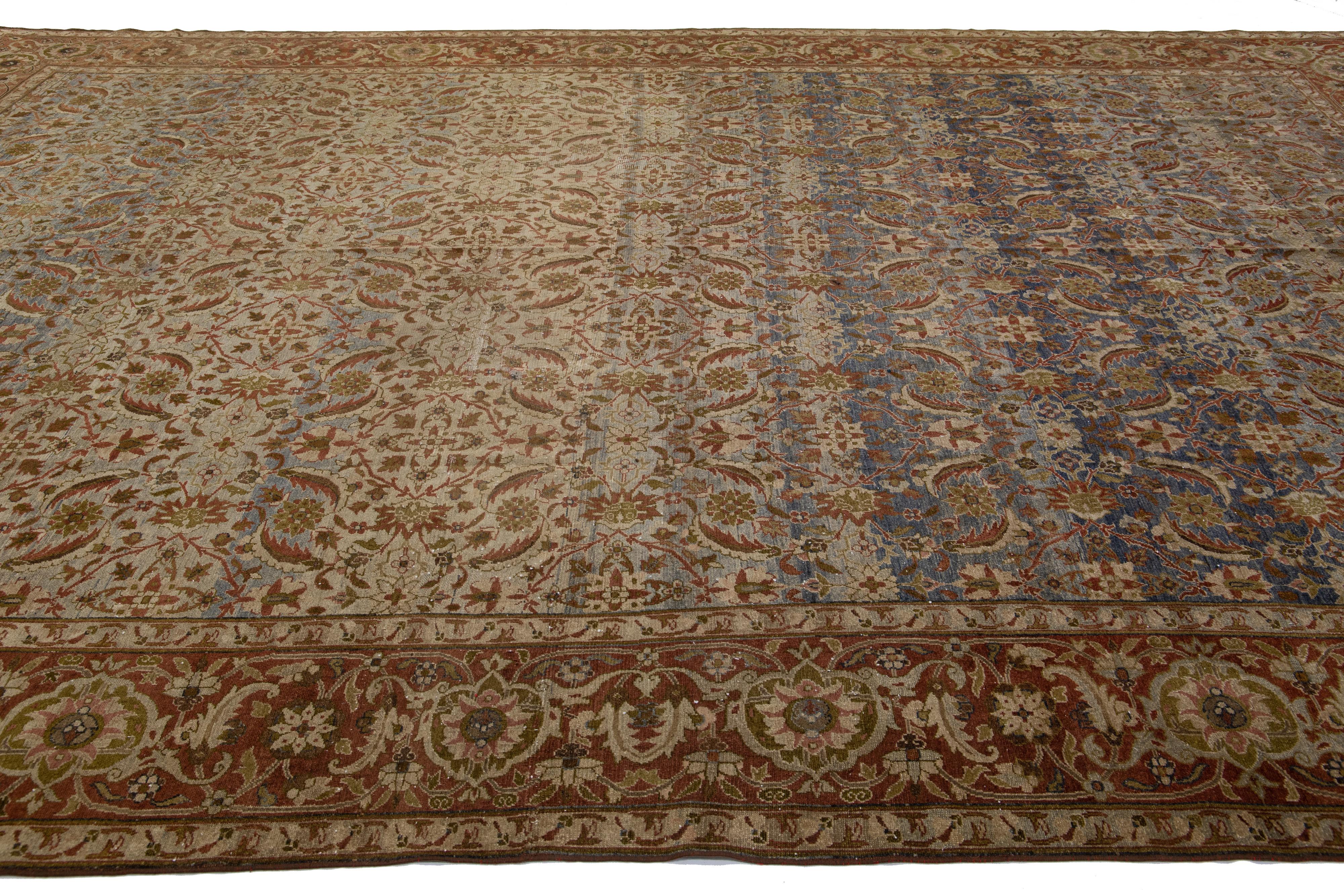 19th Century Antique Persian Tabriz Handmade Allover Floral Tan Wool Rug For Sale
