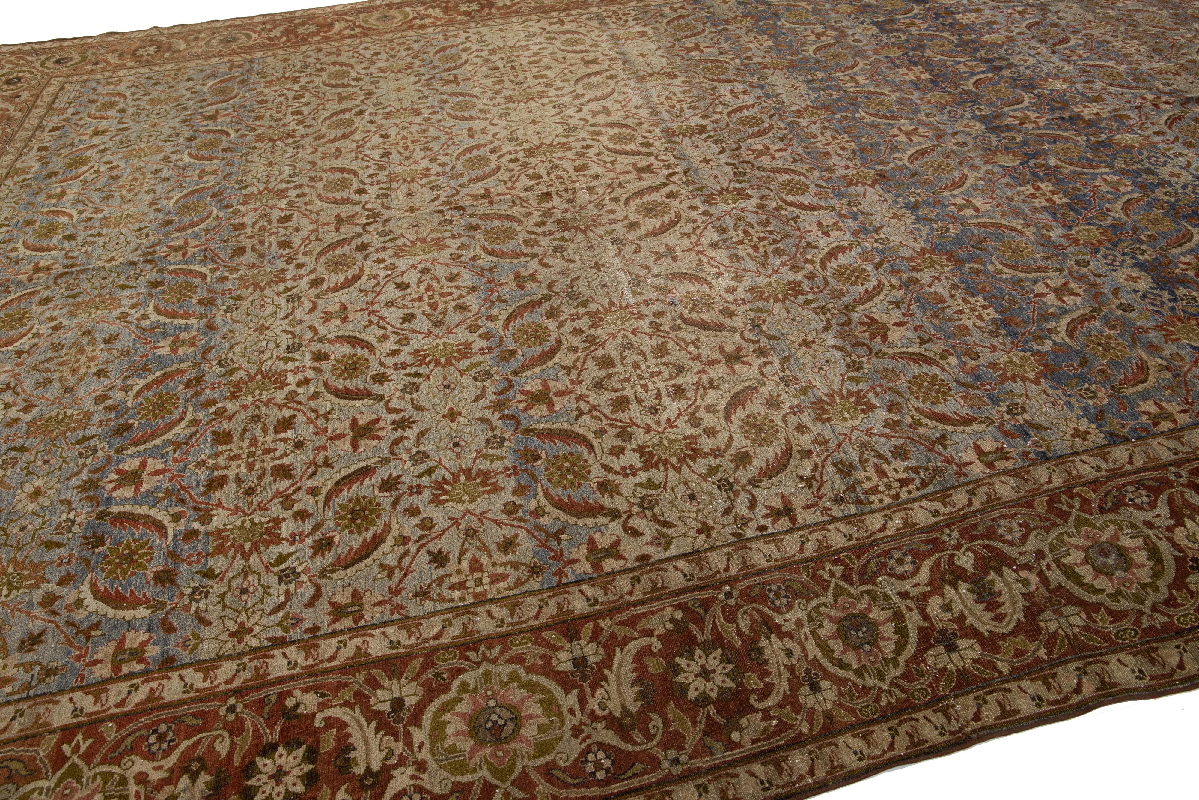 Antique Persian Tabriz Handmade Allover Floral Tan Wool Rug For Sale 3