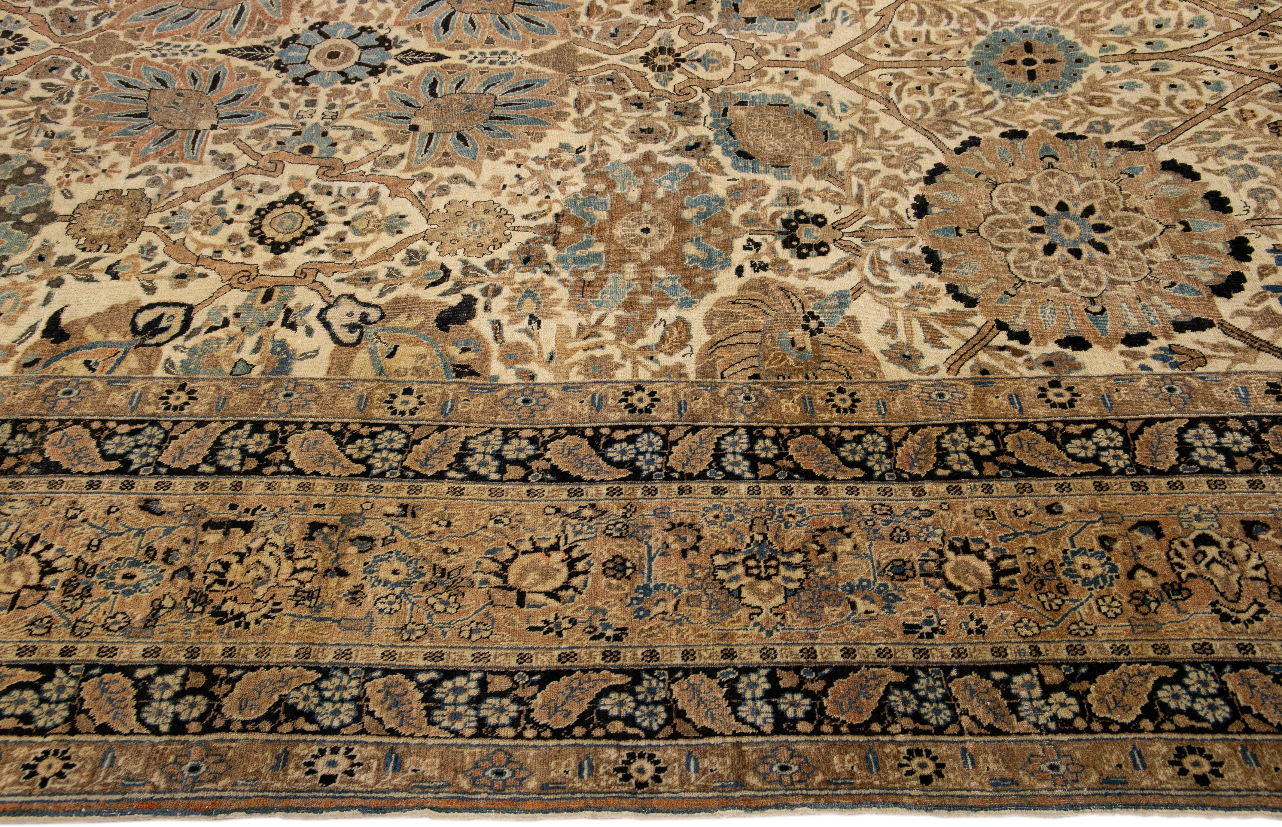 Antique Persian Tabriz Handmade Allover Motif Beige Oversize Wool Rug For Sale 6