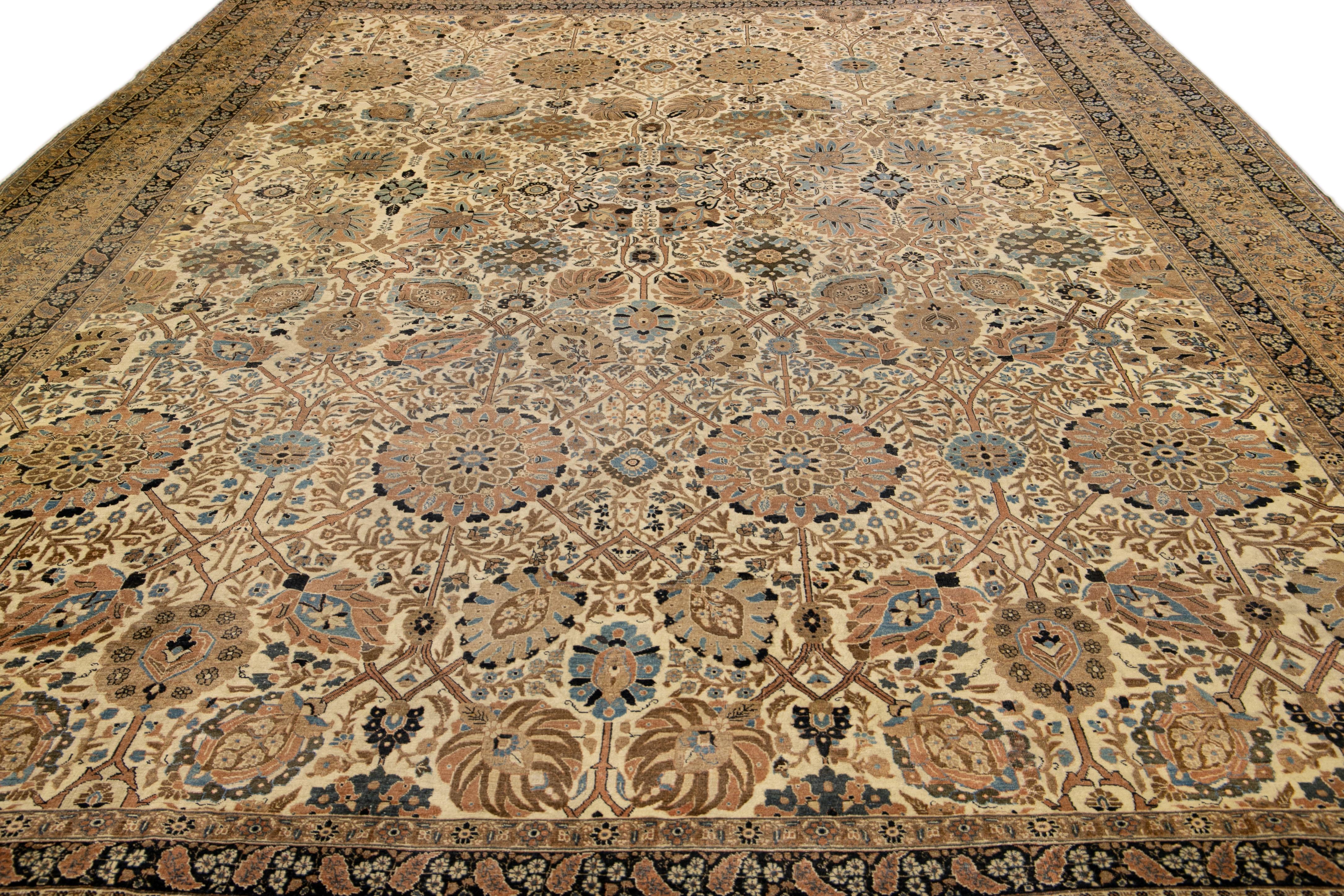 Antique Persian Tabriz Handmade Allover Motif Beige Oversize Wool Rug In Good Condition For Sale In Norwalk, CT