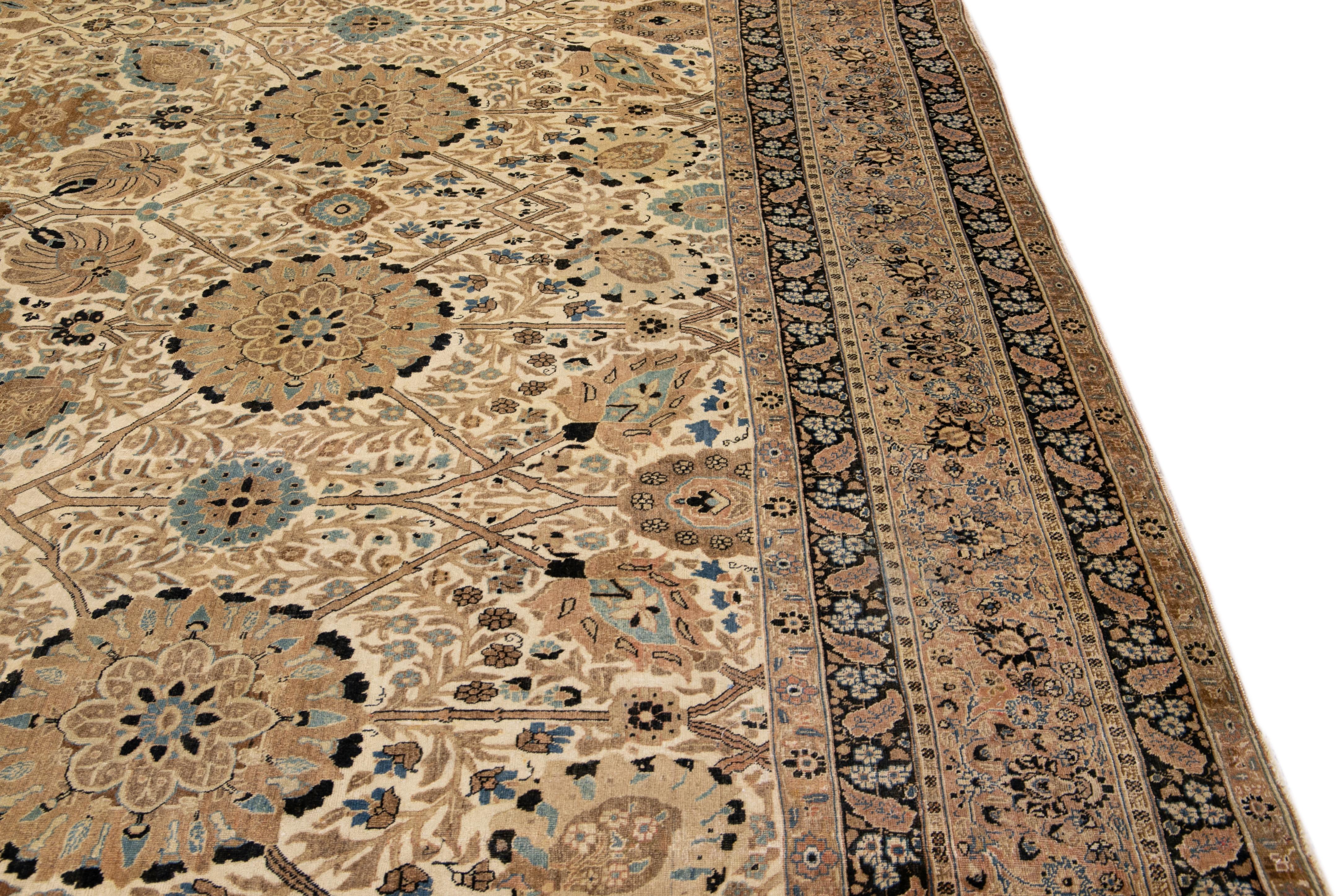 Antique Persian Tabriz Handmade Allover Motif Beige Oversize Wool Rug For Sale 4