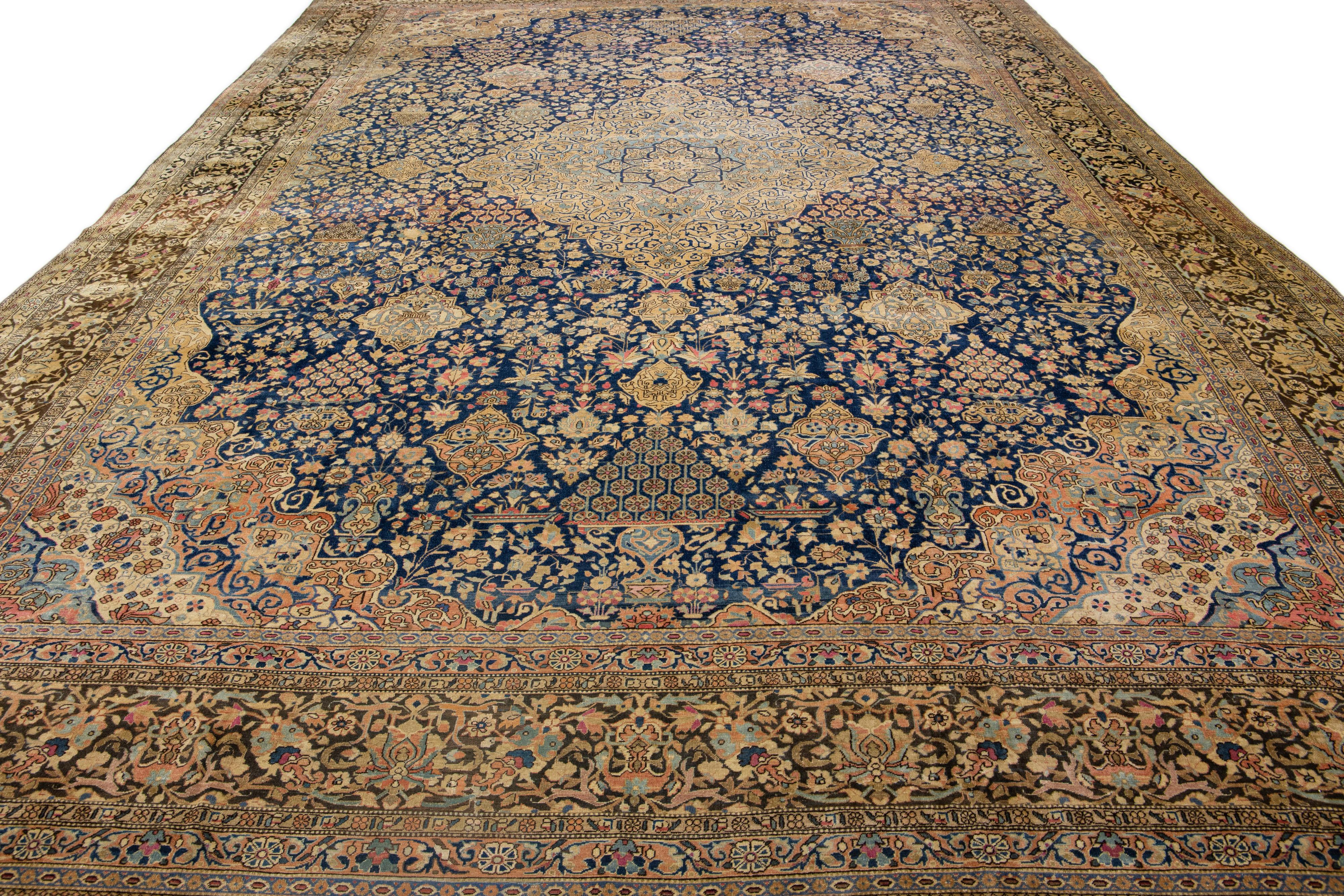 Hand-Knotted Antique Persian Tabriz Handmade Blue Medallion Oversize Wool Rug For Sale
