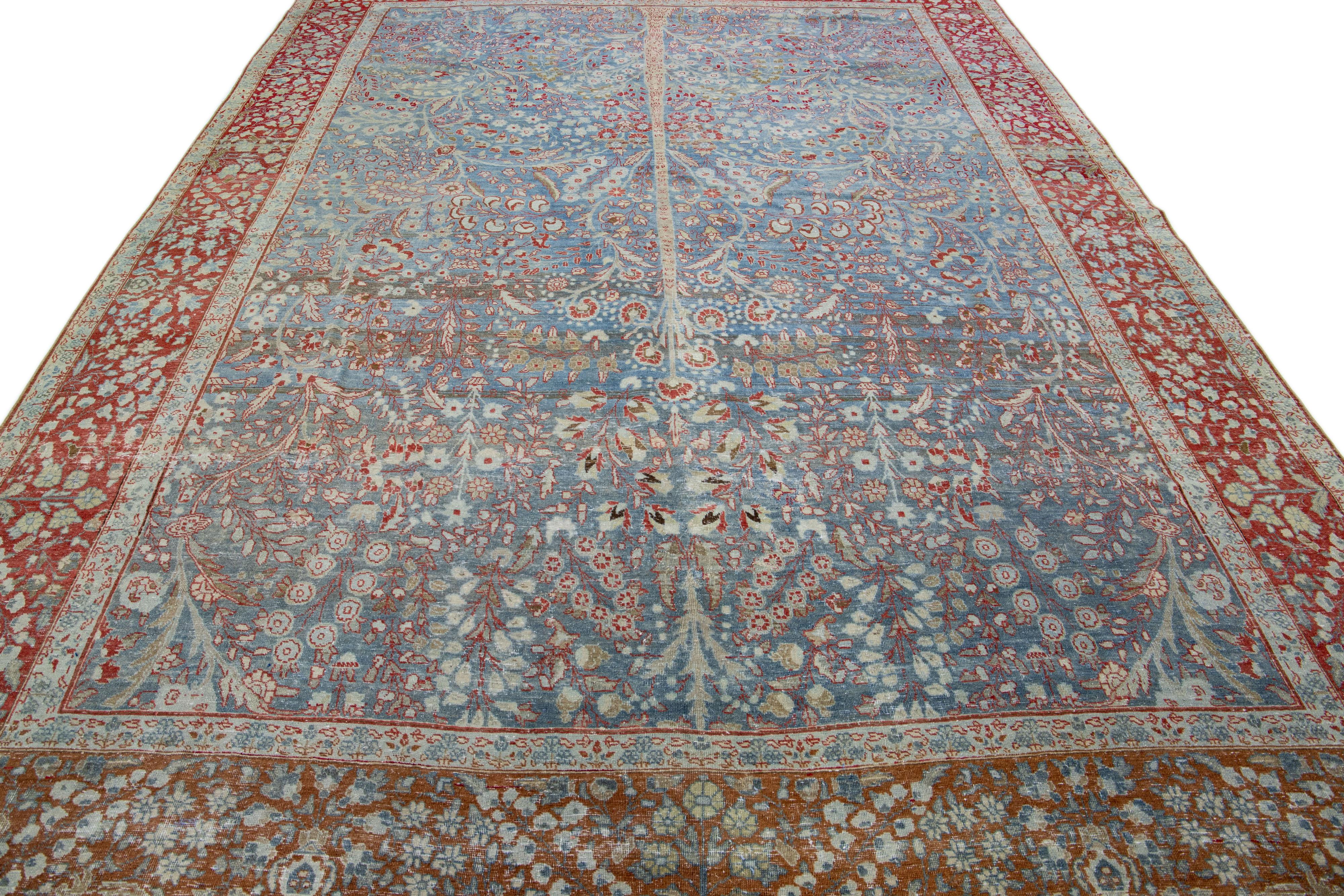 Hand-Knotted Antique Persian Tabriz Handmade Blue Wool Rug with Shah Abbasi Design For Sale