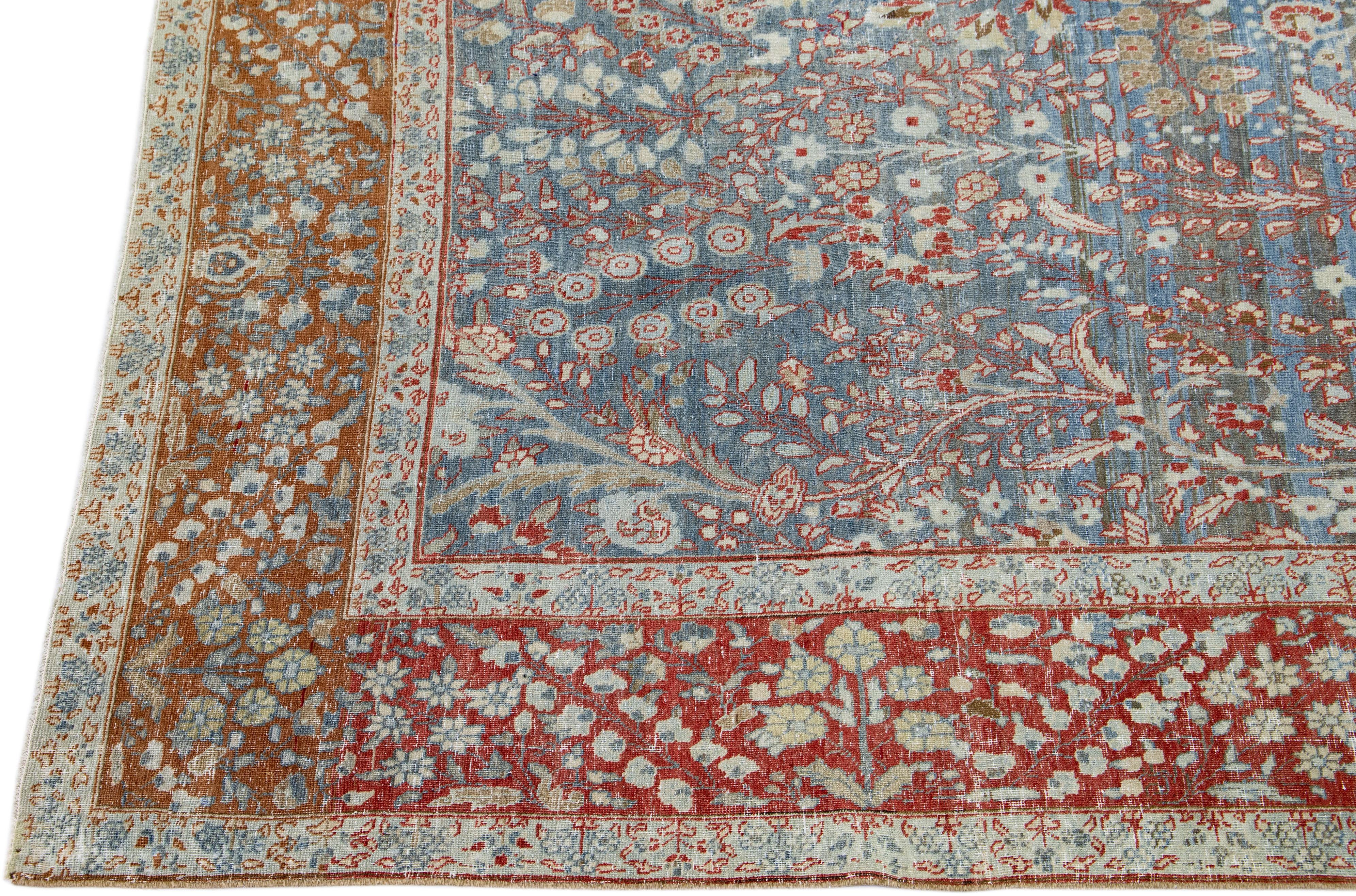 Antique Persian Tabriz Handmade Blue Wool Rug with Shah Abbasi Design In Good Condition For Sale In Norwalk, CT