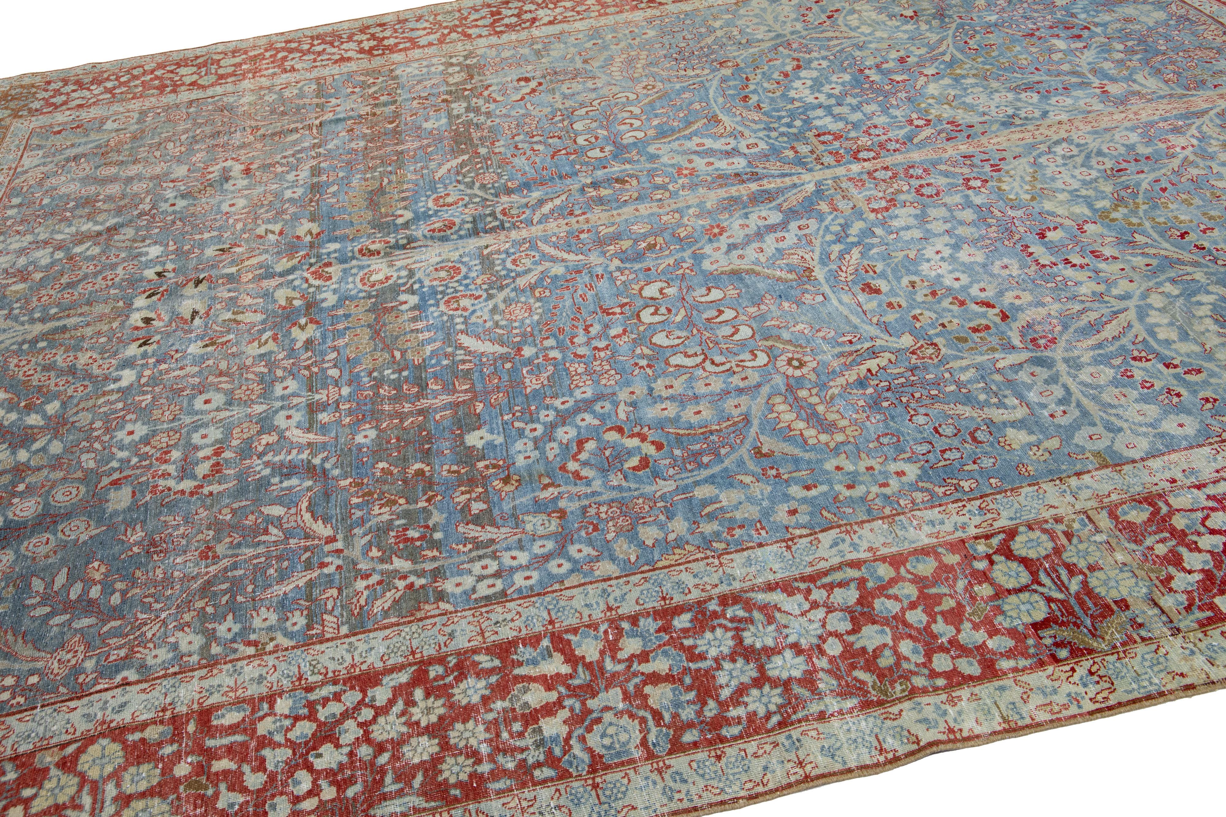 Antique Persian Tabriz Handmade Blue Wool Rug with Shah Abbasi Design For Sale 1