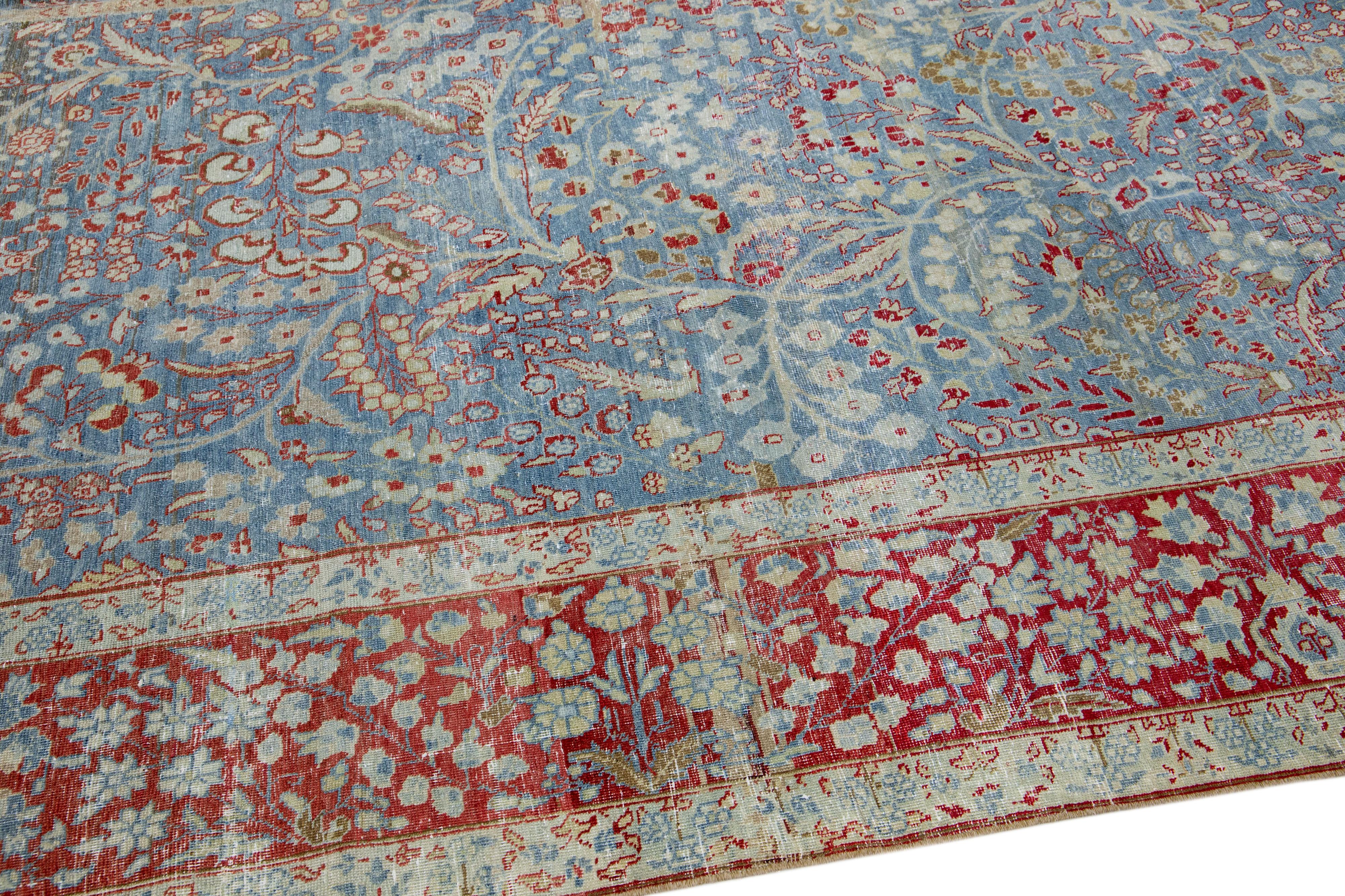 Antique Persian Tabriz Handmade Blue Wool Rug with Shah Abbasi Design For Sale 2