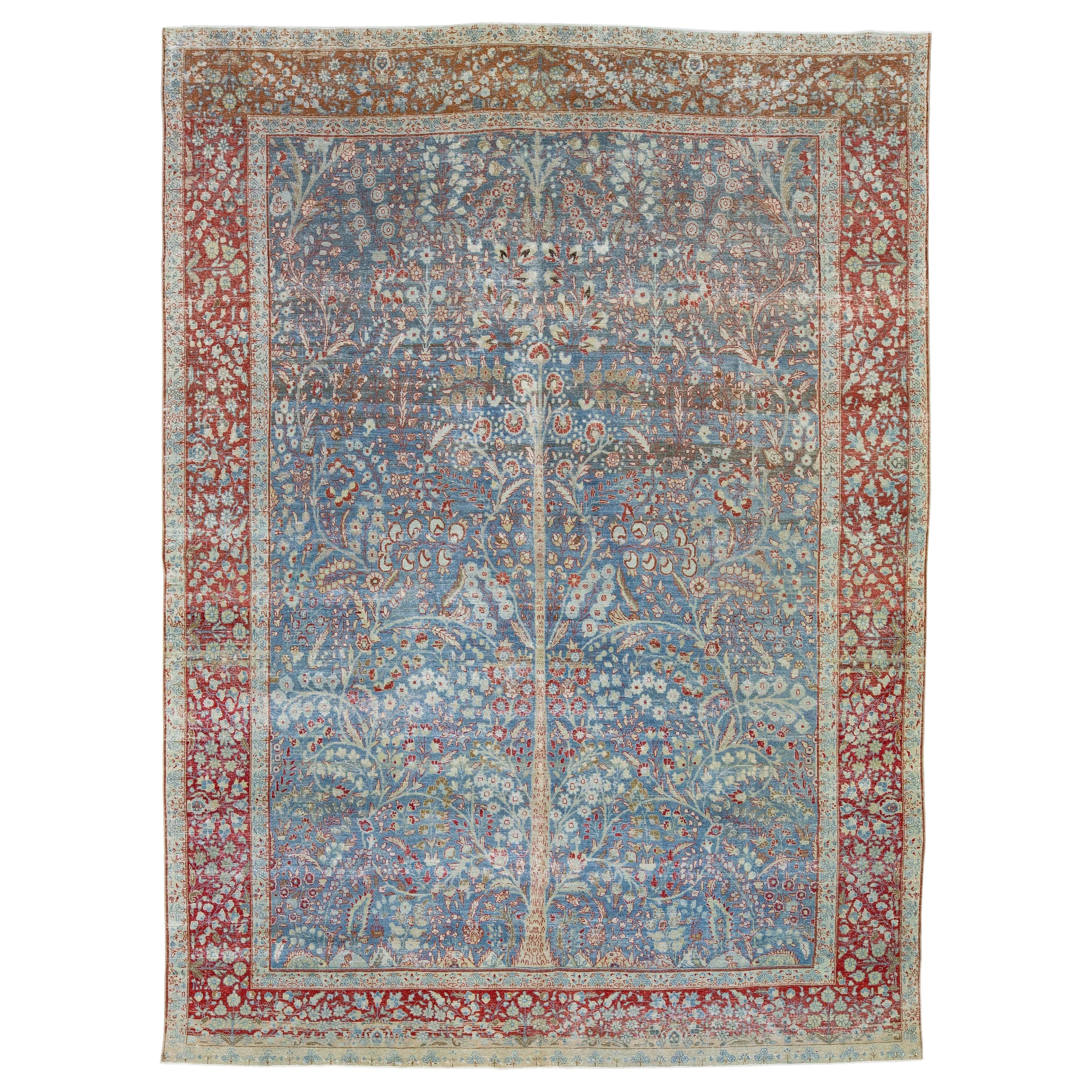 Antico tappeto persiano Tabriz in lana blu fatto a mano con disegno Shah Abbasi