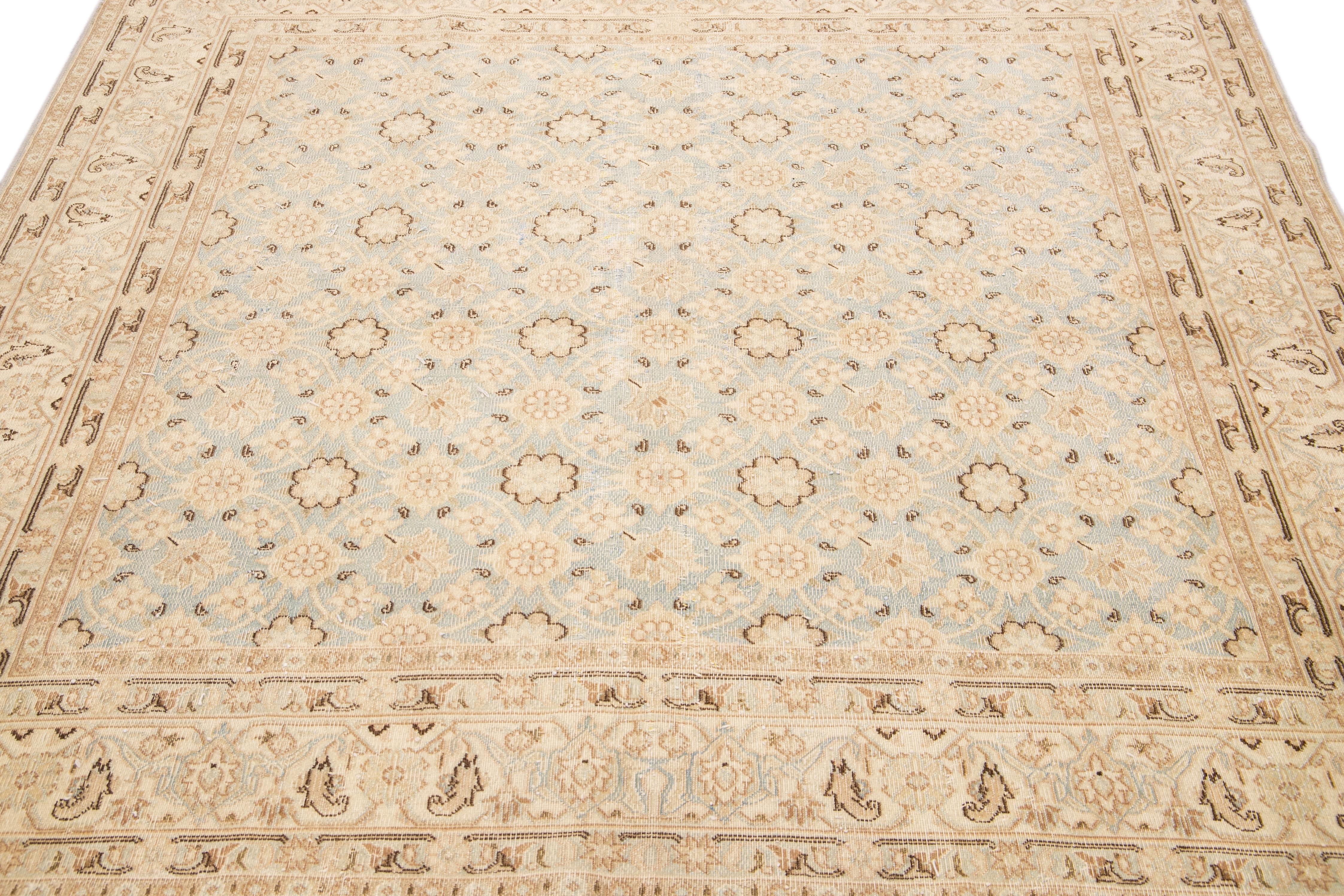 Islamic Antique Persian Tabriz Handmade Floral Beige and Blue Square Wool Rug For Sale