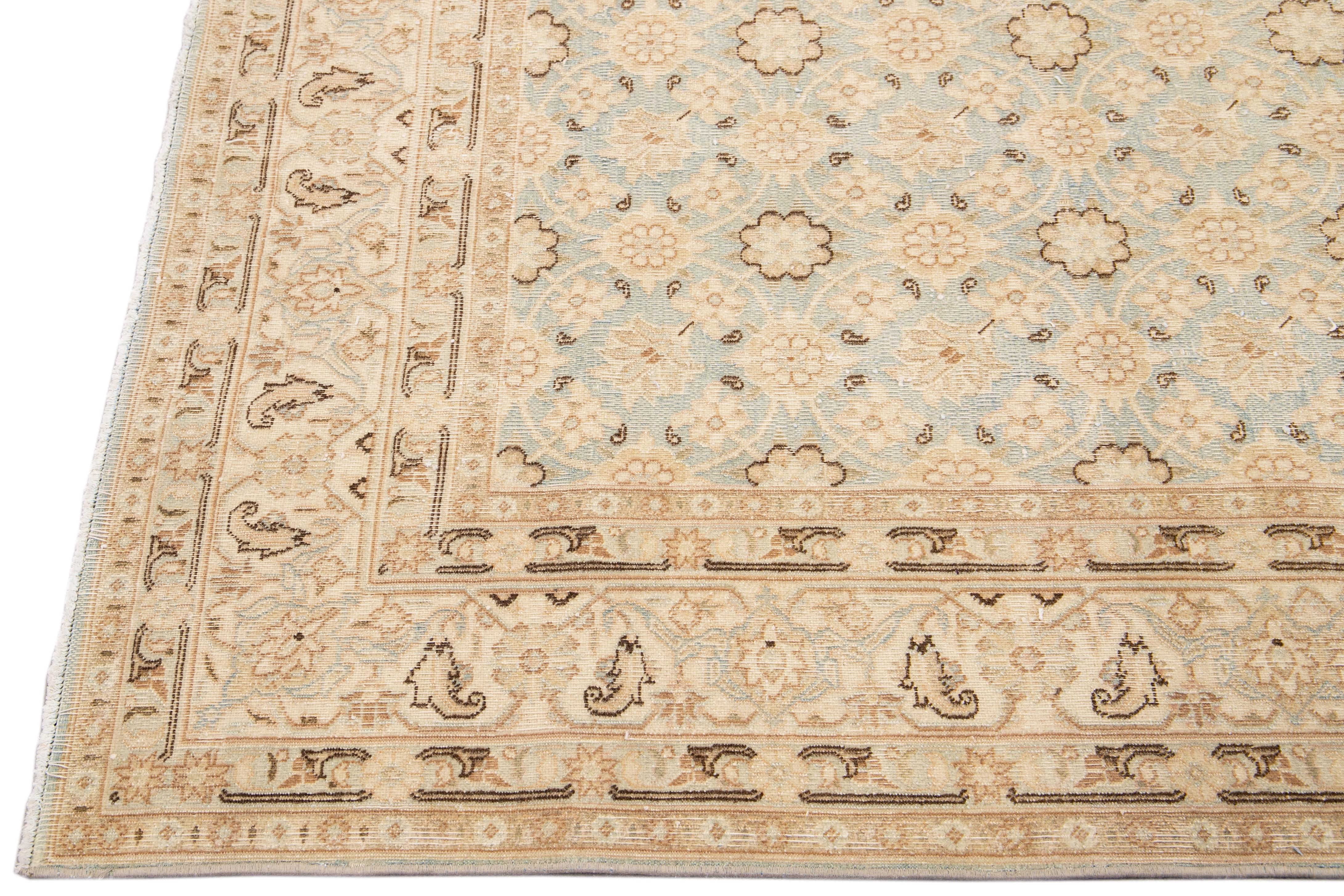 Hand-Knotted Antique Persian Tabriz Handmade Floral Beige and Blue Square Wool Rug For Sale