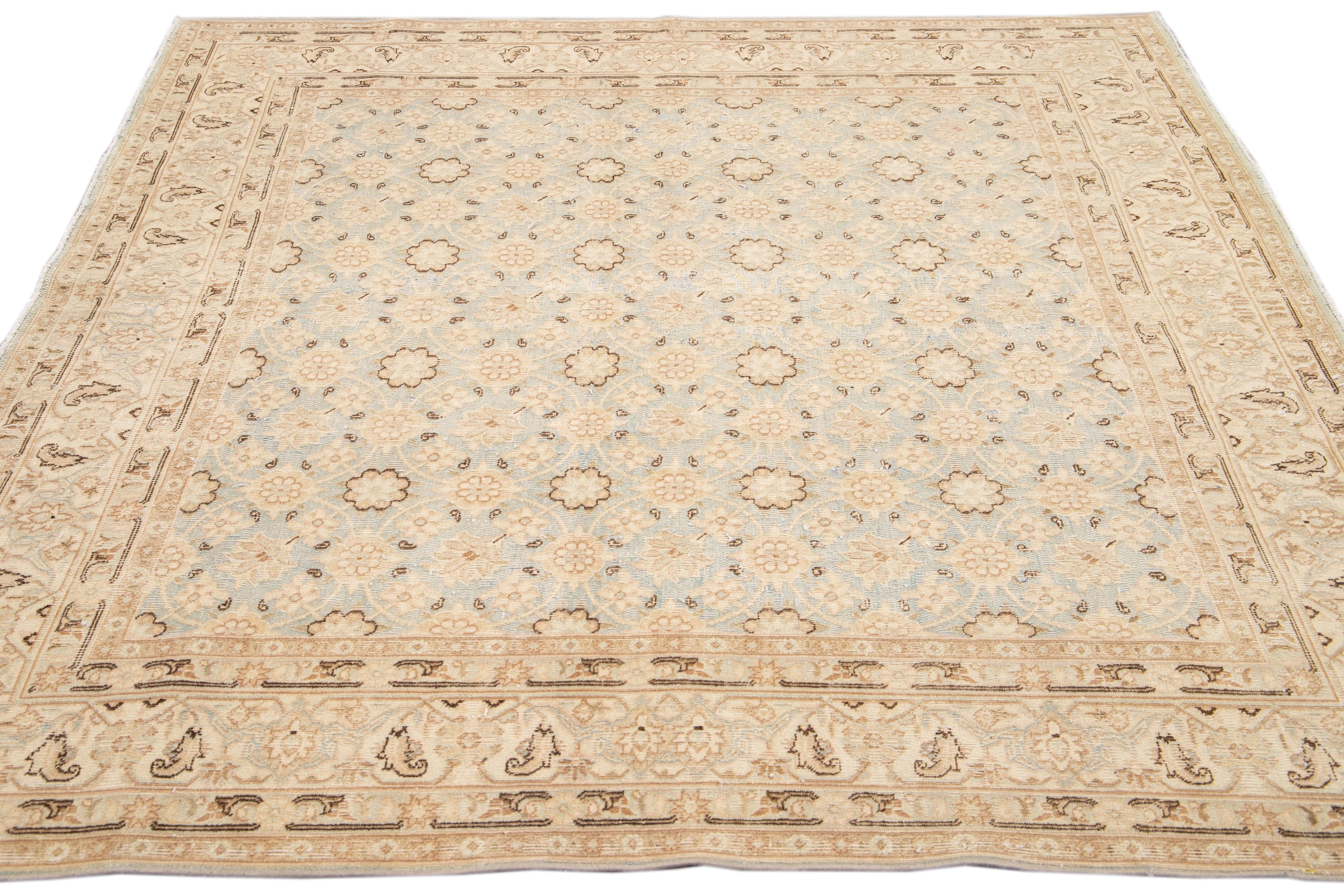 Antique Persian Tabriz Handmade Floral Beige and Blue Square Wool Rug In Distressed Condition For Sale In Norwalk, CT