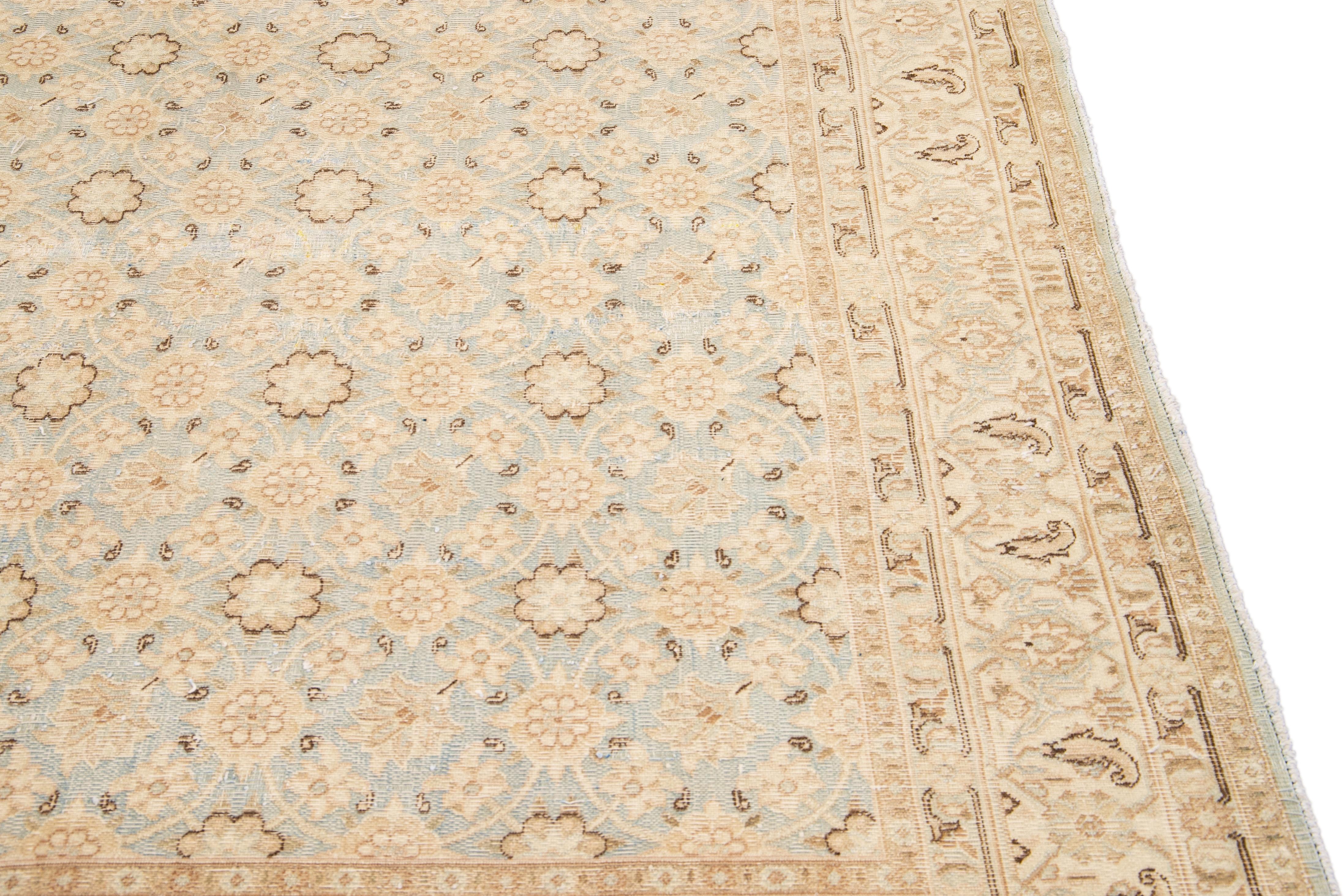 Antique Persian Tabriz Handmade Floral Beige and Blue Square Wool Rug For Sale 1