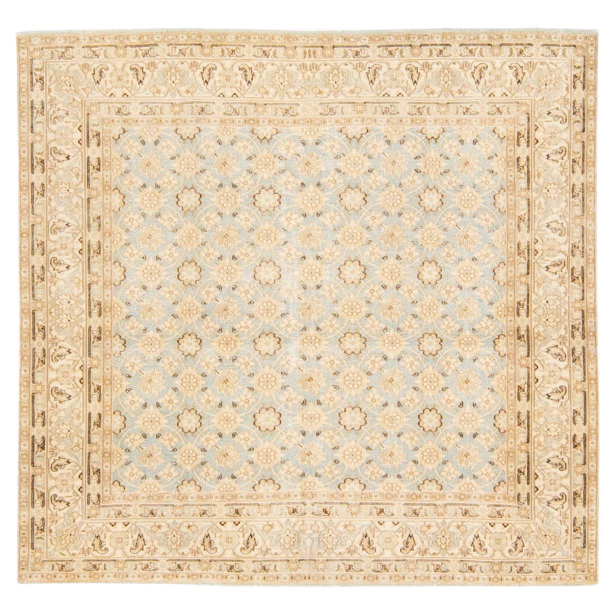 Antique Persian Tabriz Handmade Floral Beige and Blue Square Wool Rug For Sale