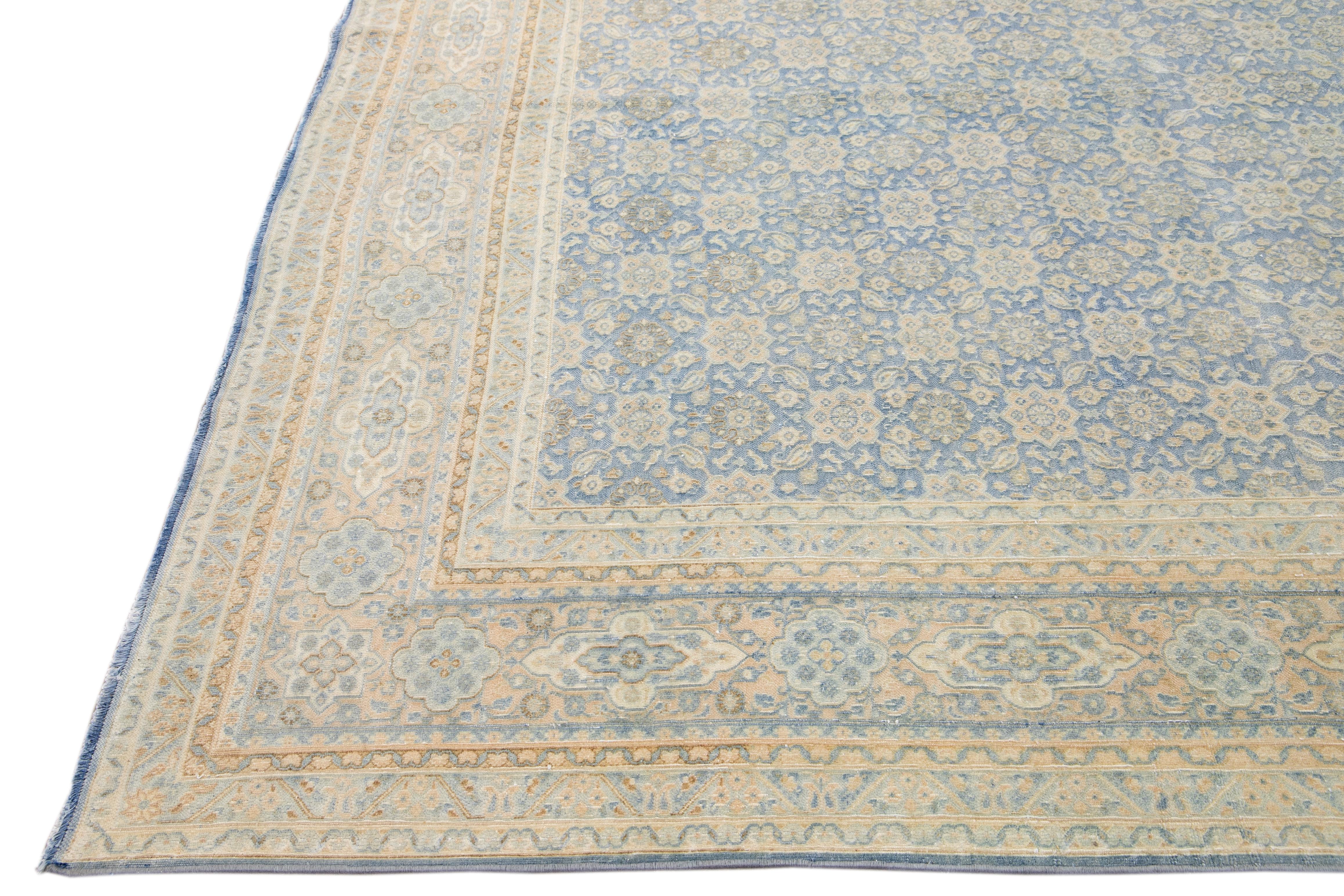 Hand-Knotted Antique Persian Tabriz Handmade Floral Pattern Blue Wool Rug For Sale