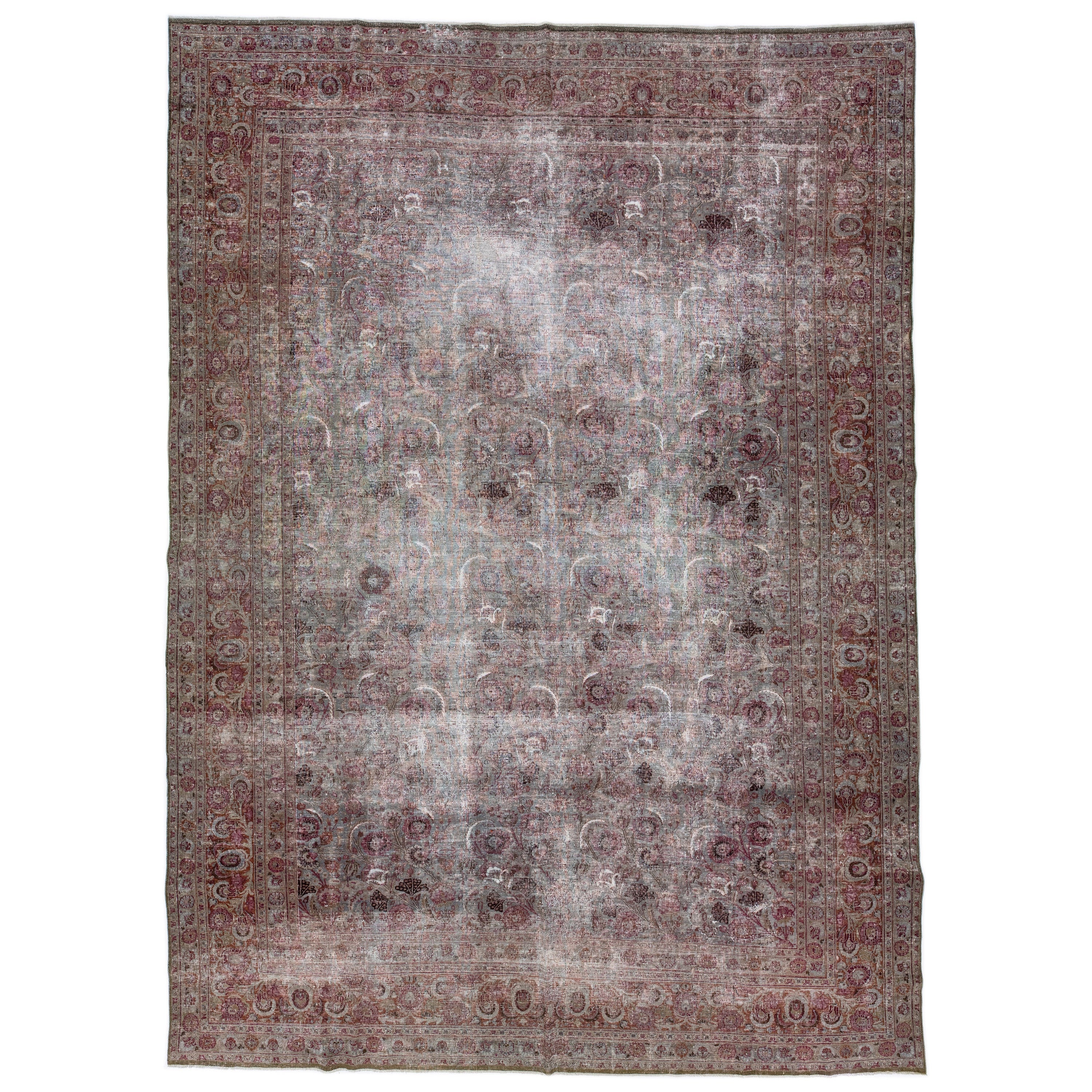 Antique Persian Tabriz Handmade Gray Wool Rug with Allover Design