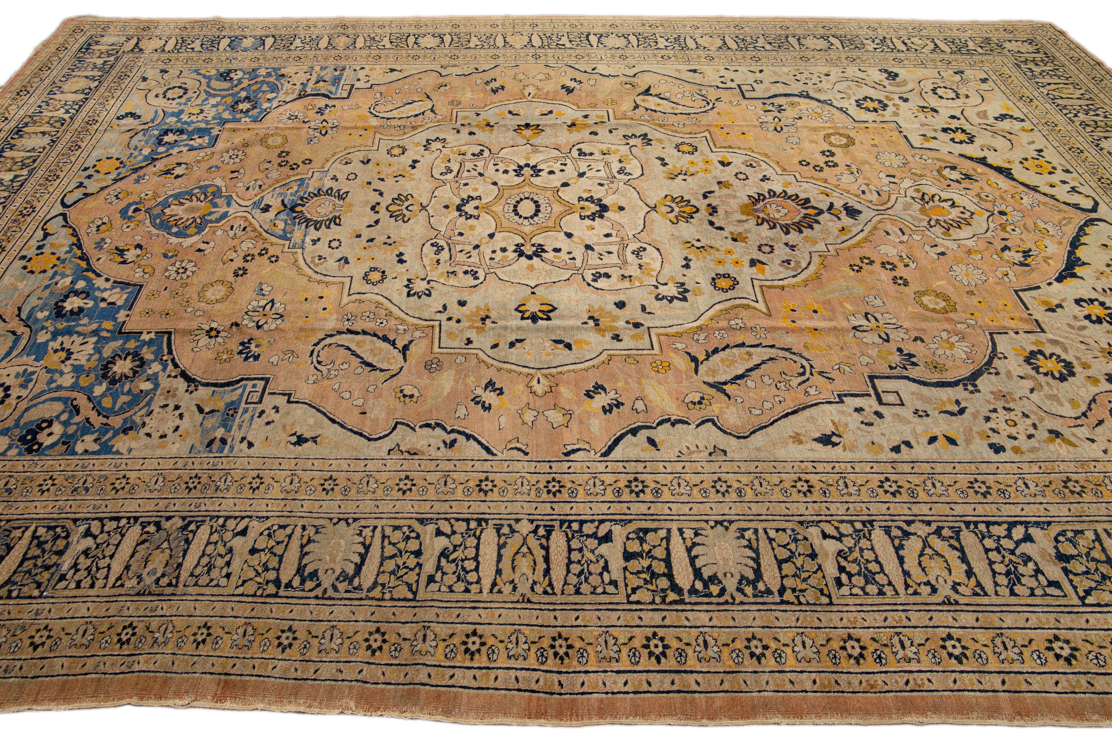 19th Century Antique Persian Tabriz Handmade Medallion Motif Blue And Beige Wool Rug For Sale
