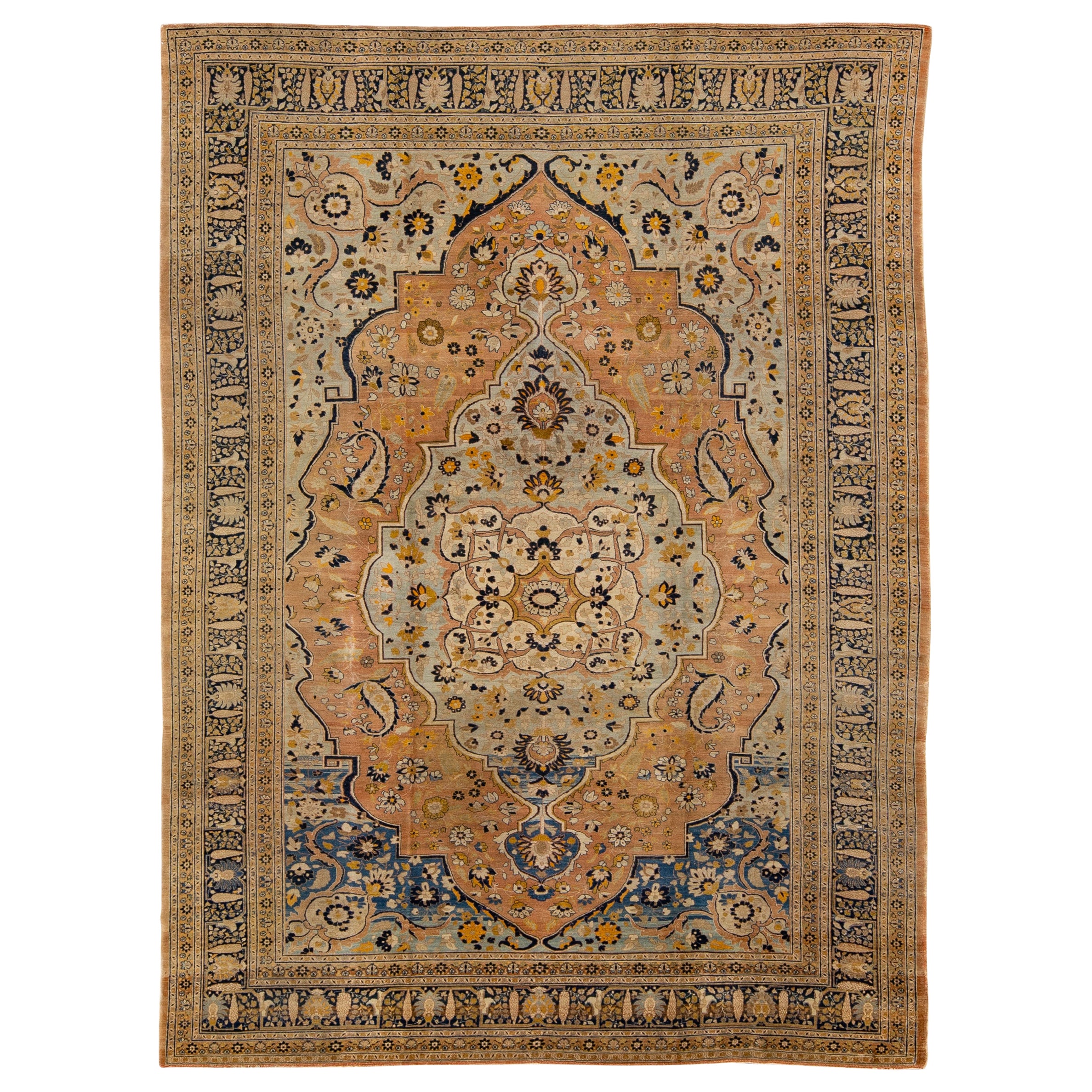 Antico tappeto persiano Tabriz fatto a mano con motivo a medaglione in lana blu e beige