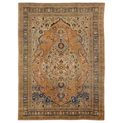Antico tappeto persiano Tabriz fatto a mano con motivo a medaglione in lana blu e beige