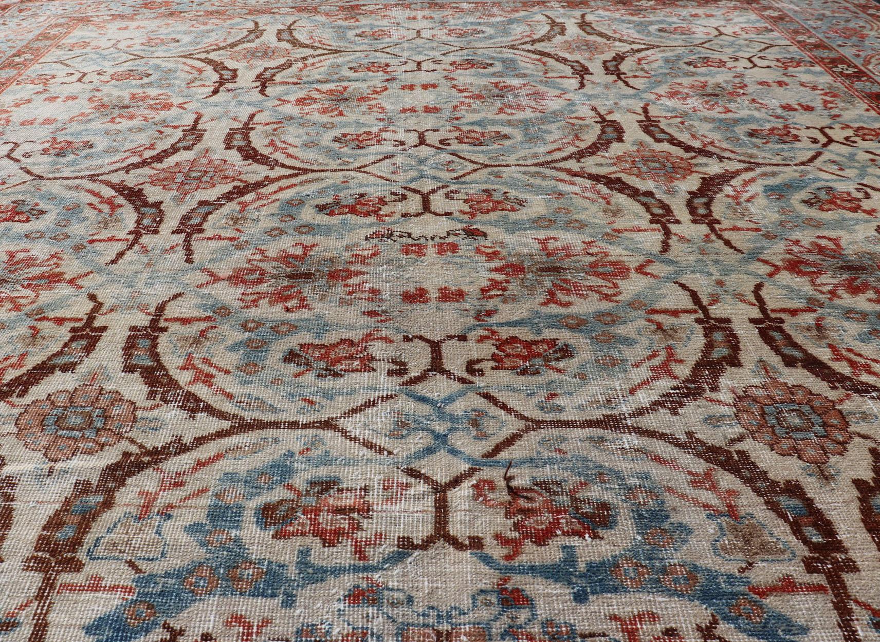 Antique Persian Tabriz Herati Circular Design in Ivory, Lt. Blue, Red, Brown For Sale 9